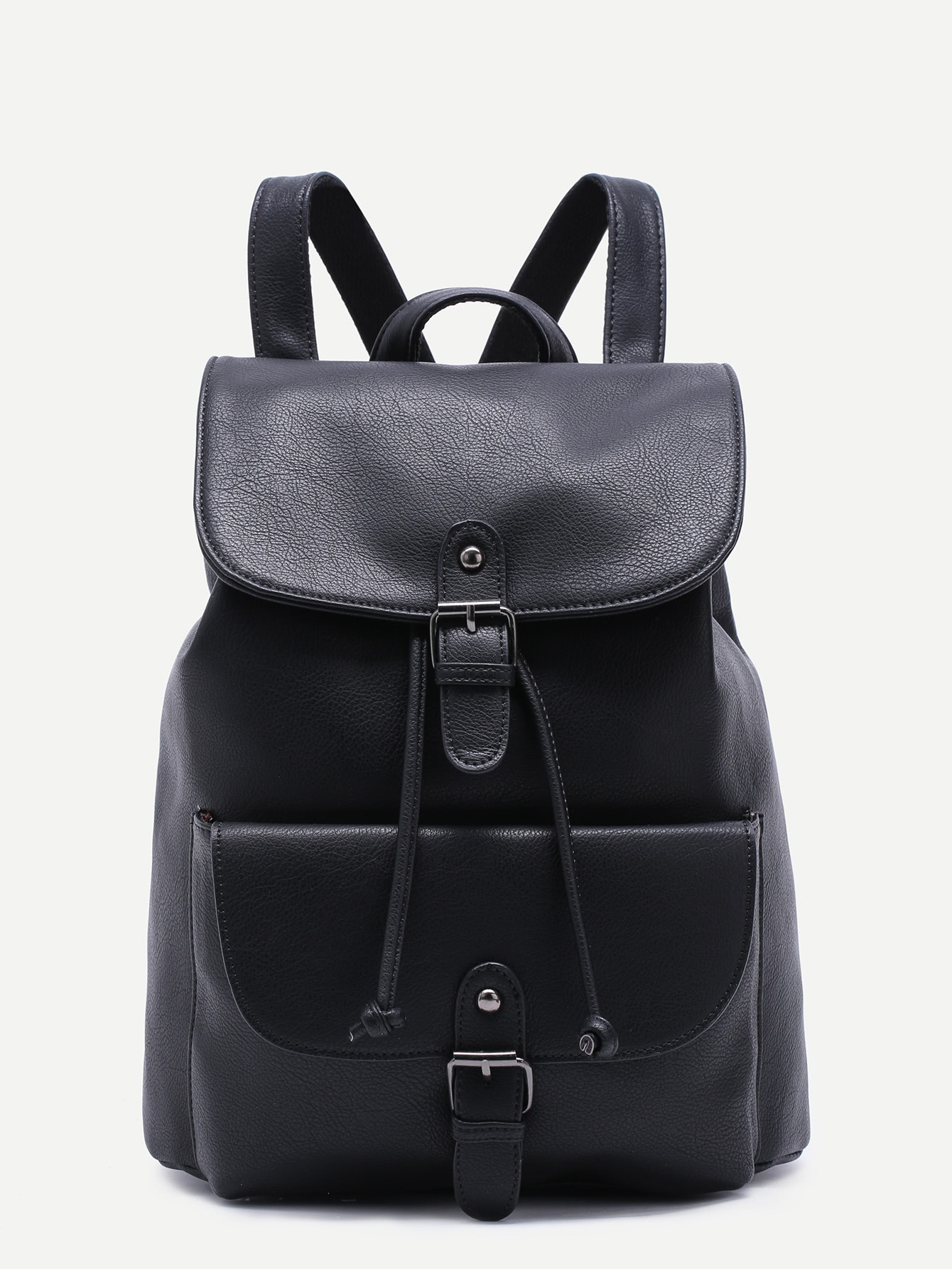 Black PU Buckle Strap Drawstring Flap Backpack SheIn(Sheinside)