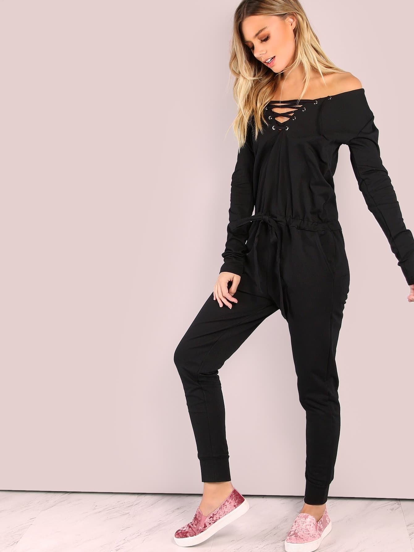 Bardot Grommet Lace Up Drawstring Waist Jumpsuit SheIn(Sheinside)
