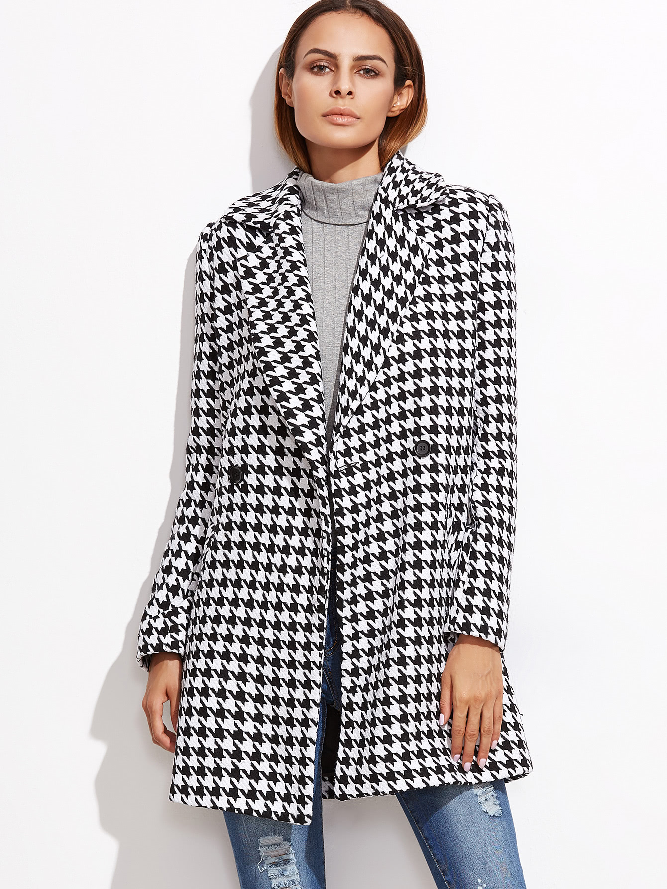 Black And White Houndstooth Coat SheIn(Sheinside)