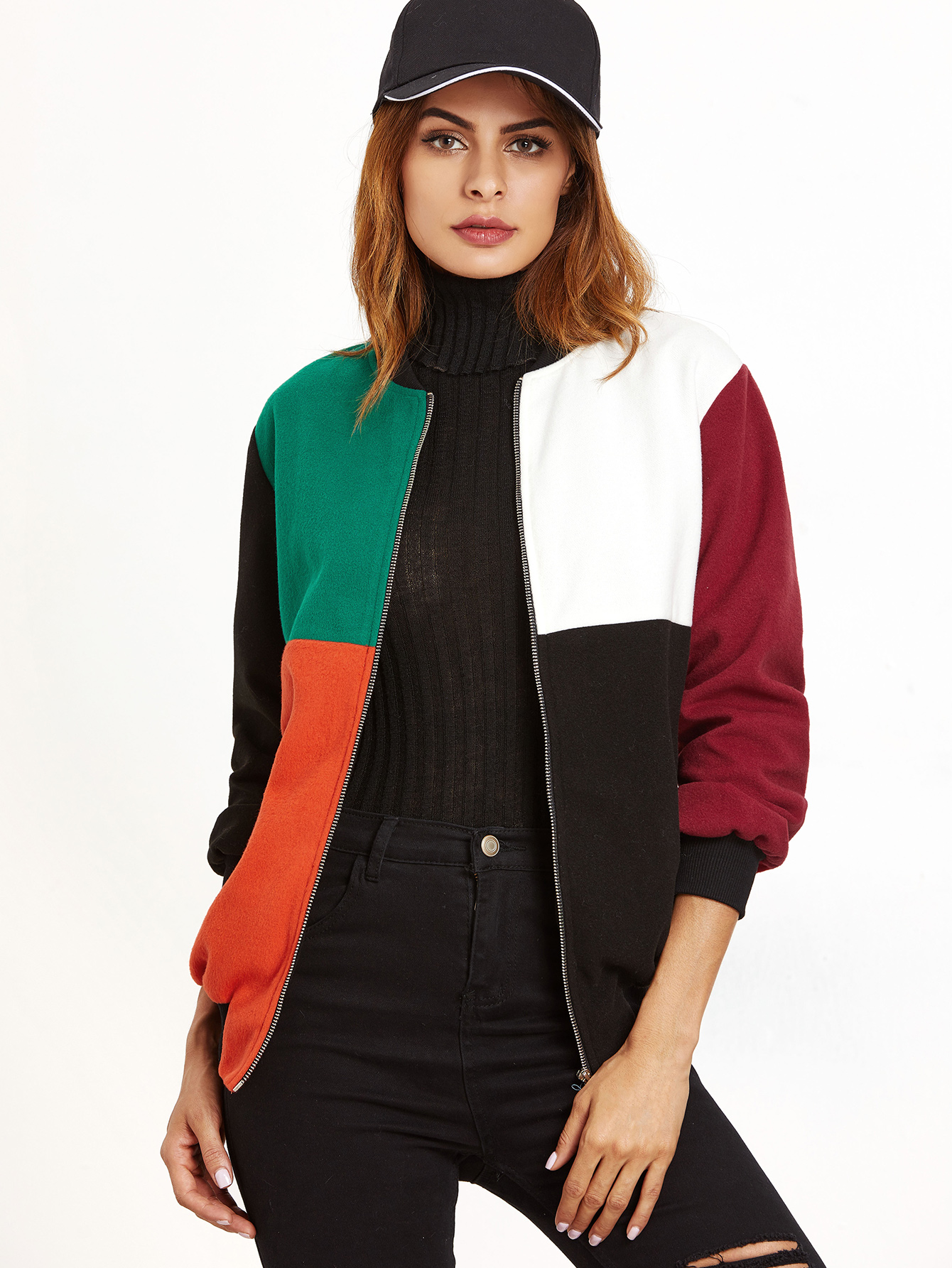 Color Block Zip Up Bomber Jacket SheIn(Sheinside)