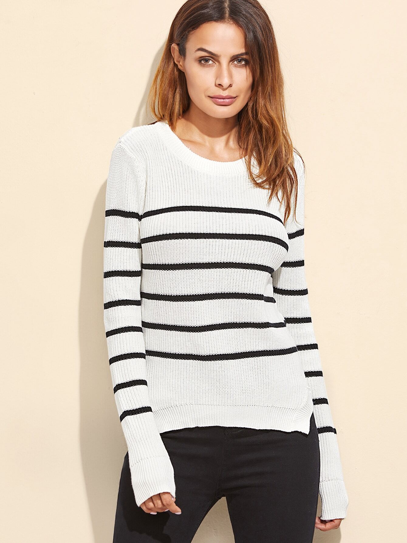 striped shoulder button sweater