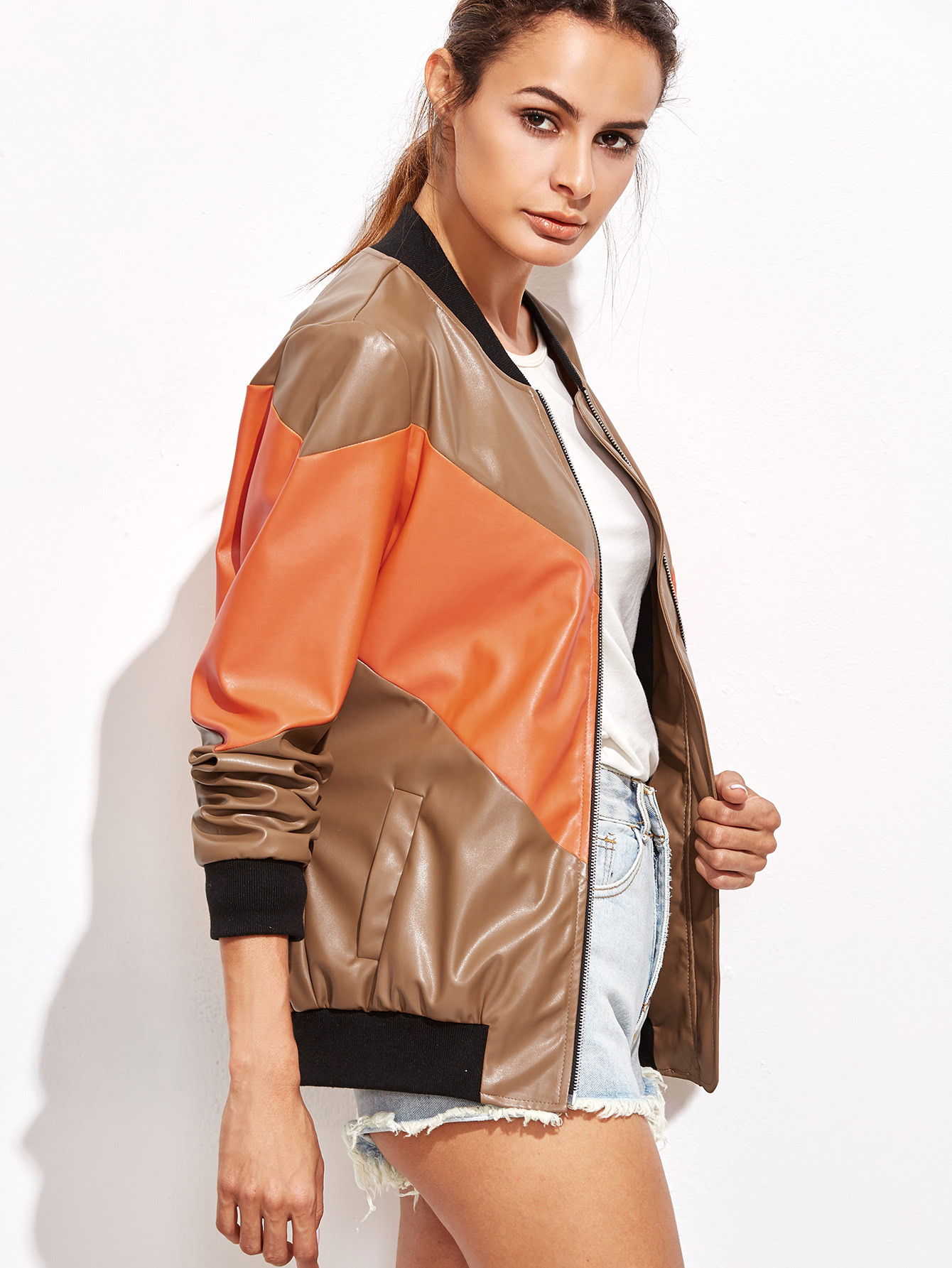 Color Block Faux Leather Cut And Sew Bomber Jacket SheIn(Sheinside)