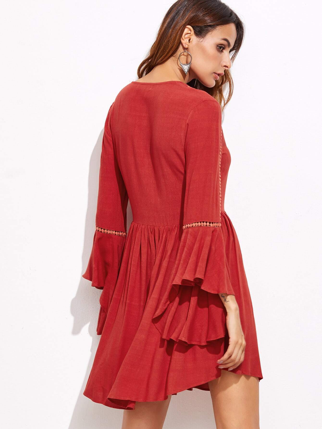 Red Crochet Trim Ruffle Sleeve Dress SheIn(Sheinside)