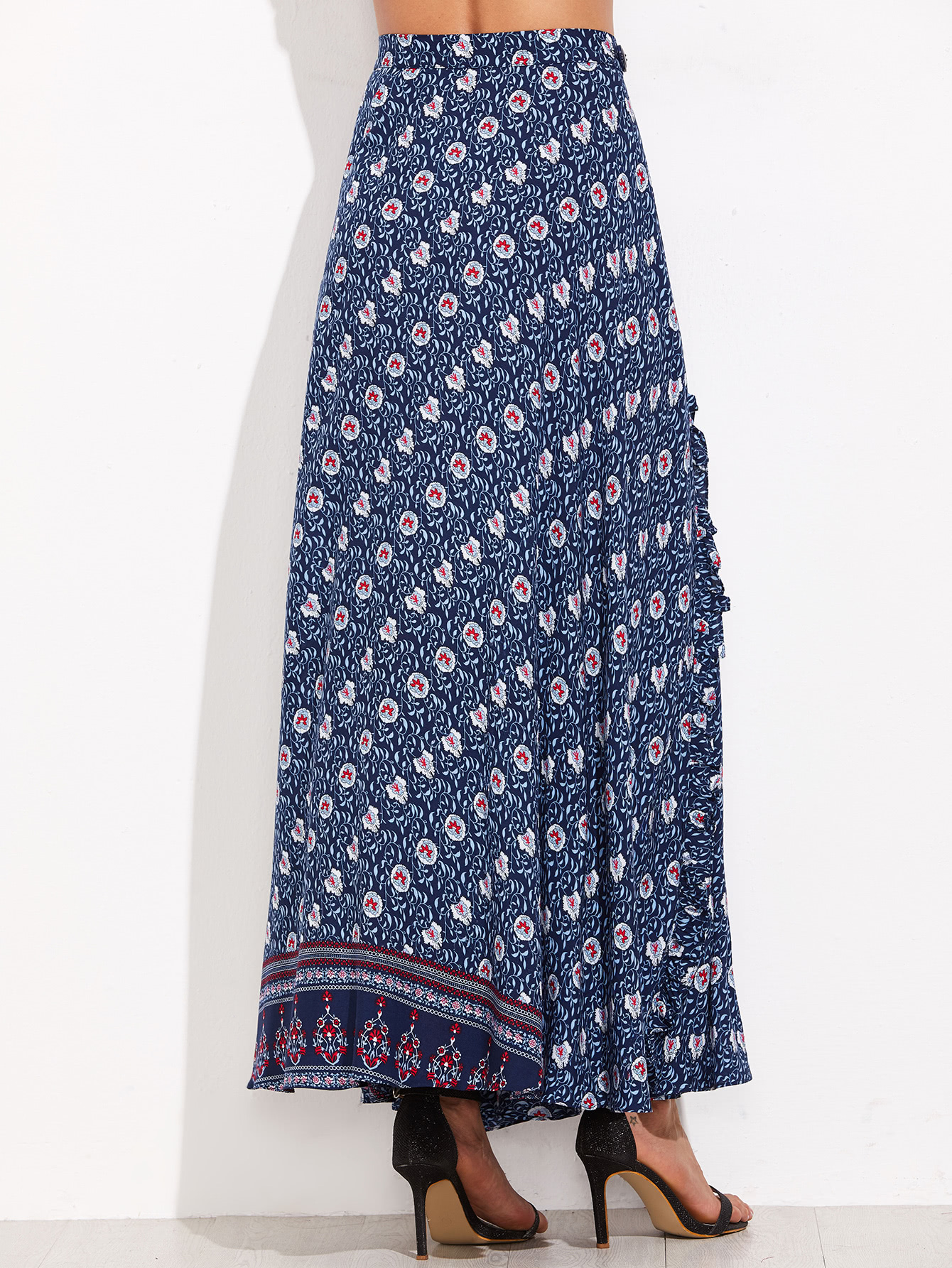 Blue Tribal Print High Waist Skirt With Button SheIn(Sheinside)