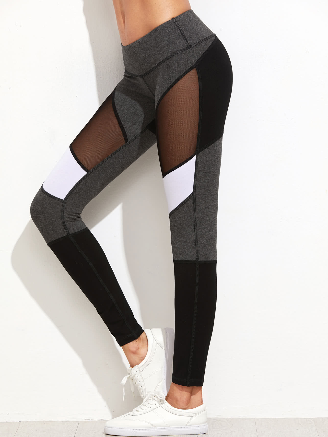 Color Block Mesh Insert Leggings SheIn(Sheinside)