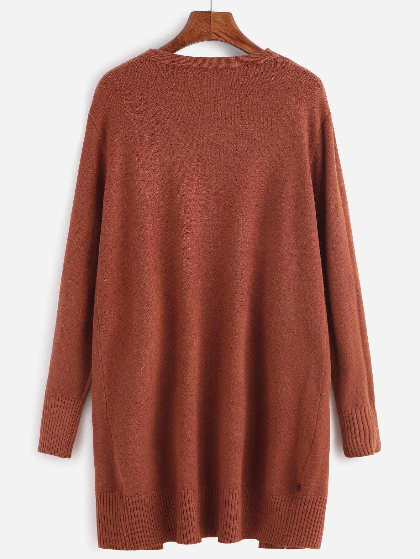 Khaki Long Sleeve Cardigan With Pockets SheIn(Sheinside)