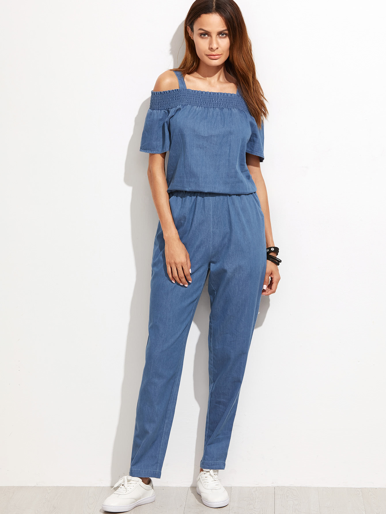 Shirred Open Shoulder Chambray Jumpsuit With Pocket SheIn(Sheinside)