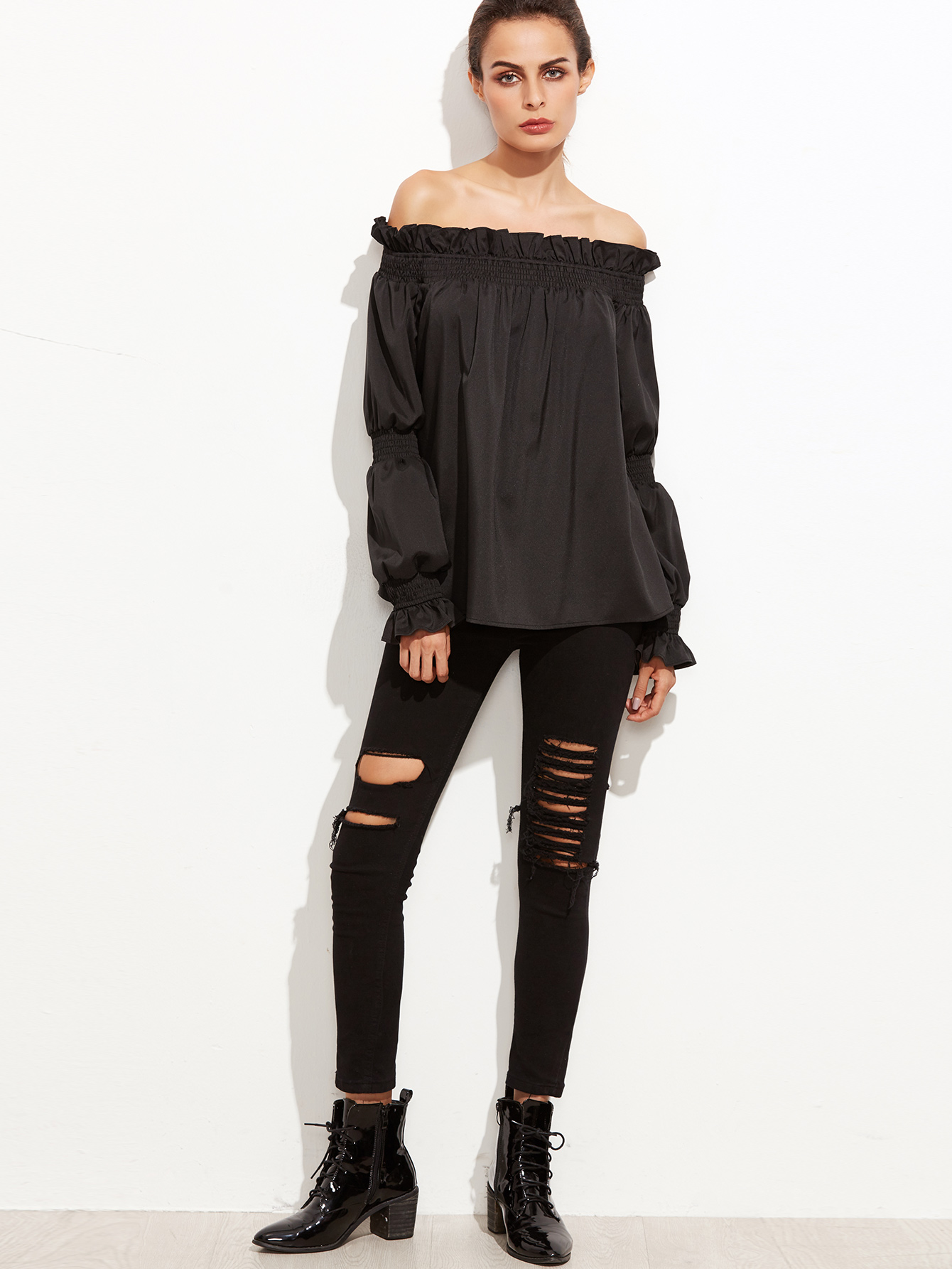 smocked off the shoulder top black