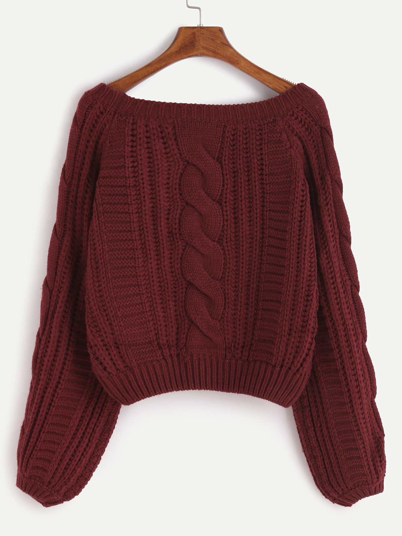 Burgundy Raglan Sleeve Cable Knit Sweater -SheIn(Sheinside)