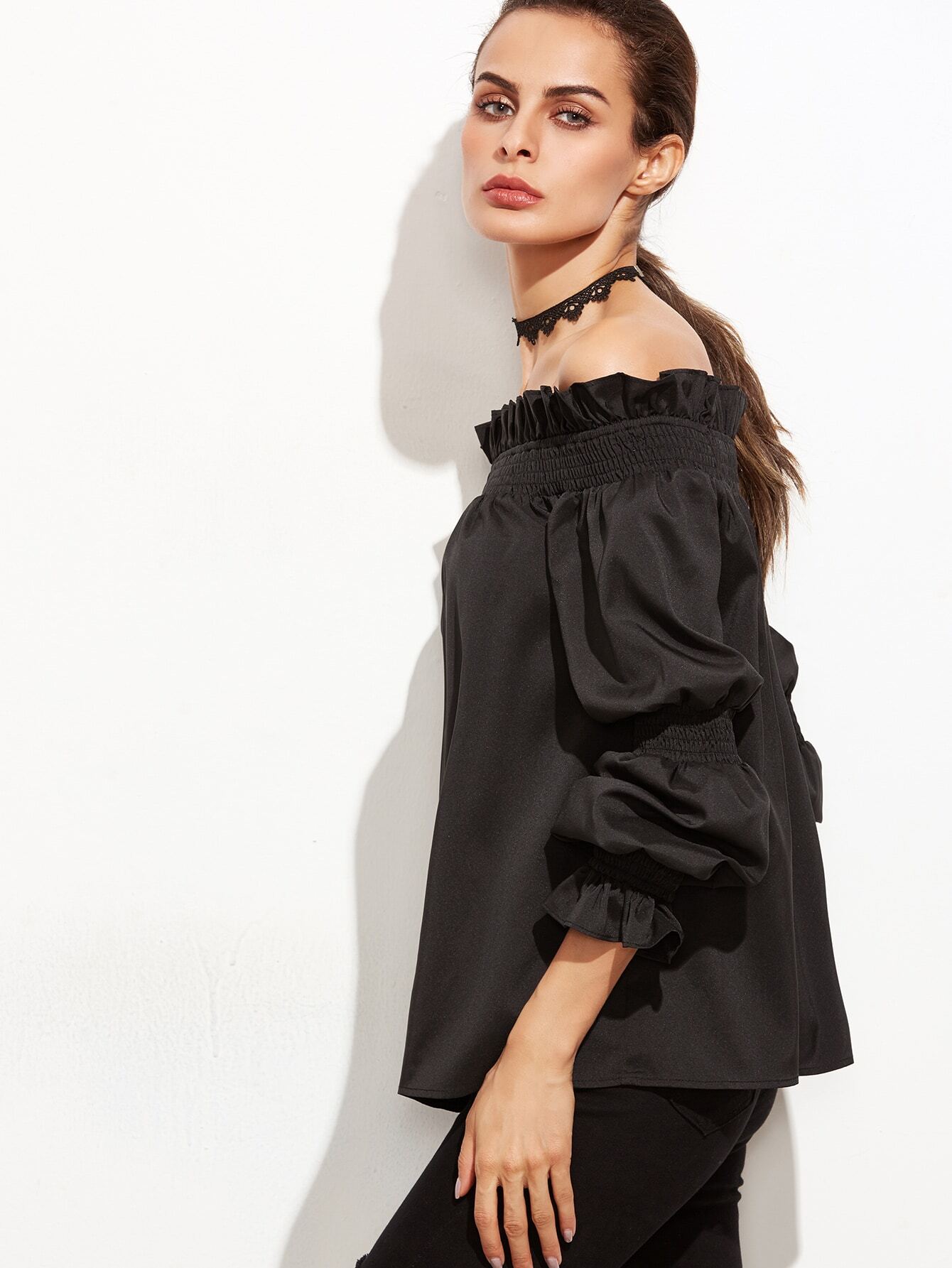 smocked off the shoulder top black