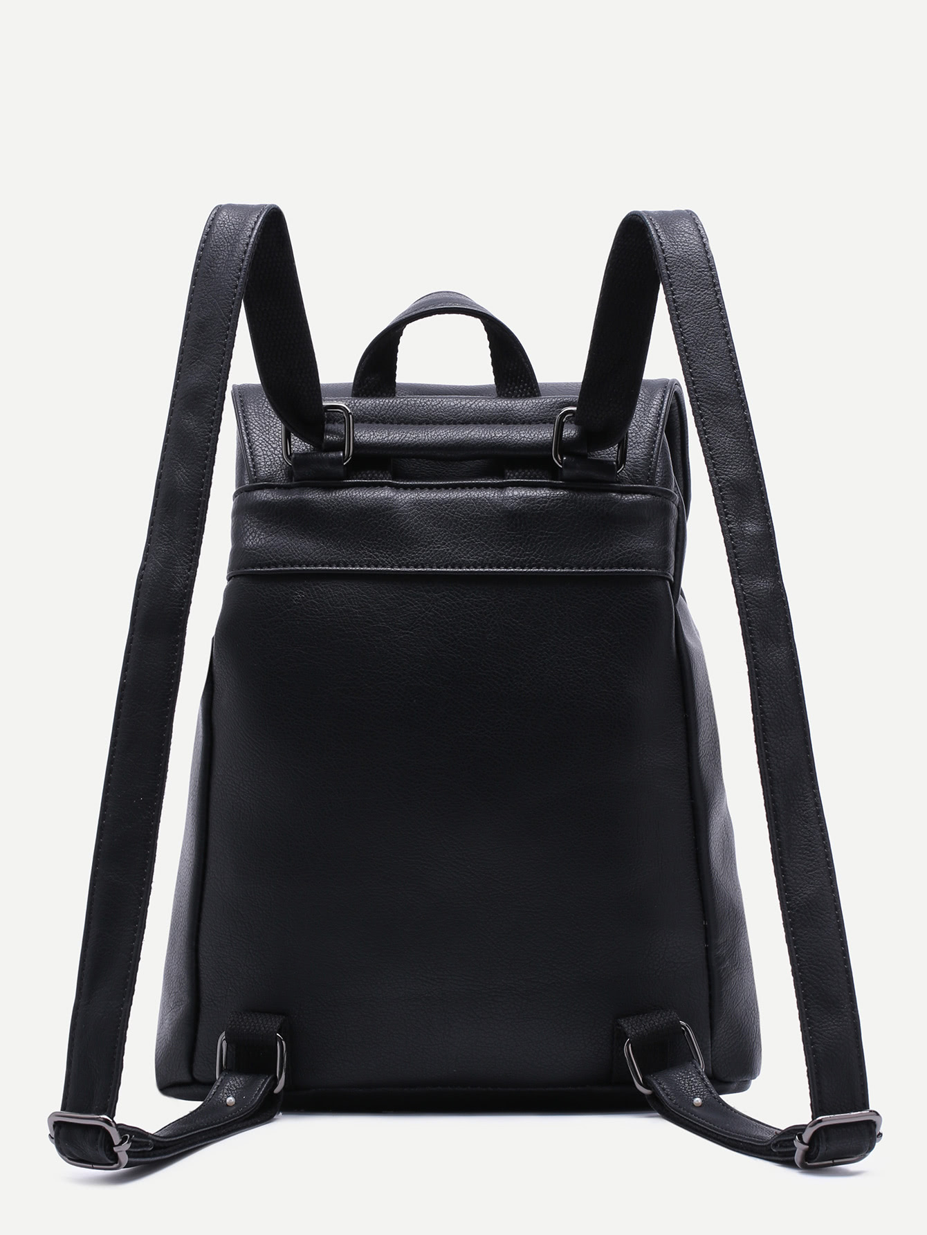 Black PU Buckle Strap Drawstring Flap Backpack SheIn(Sheinside)