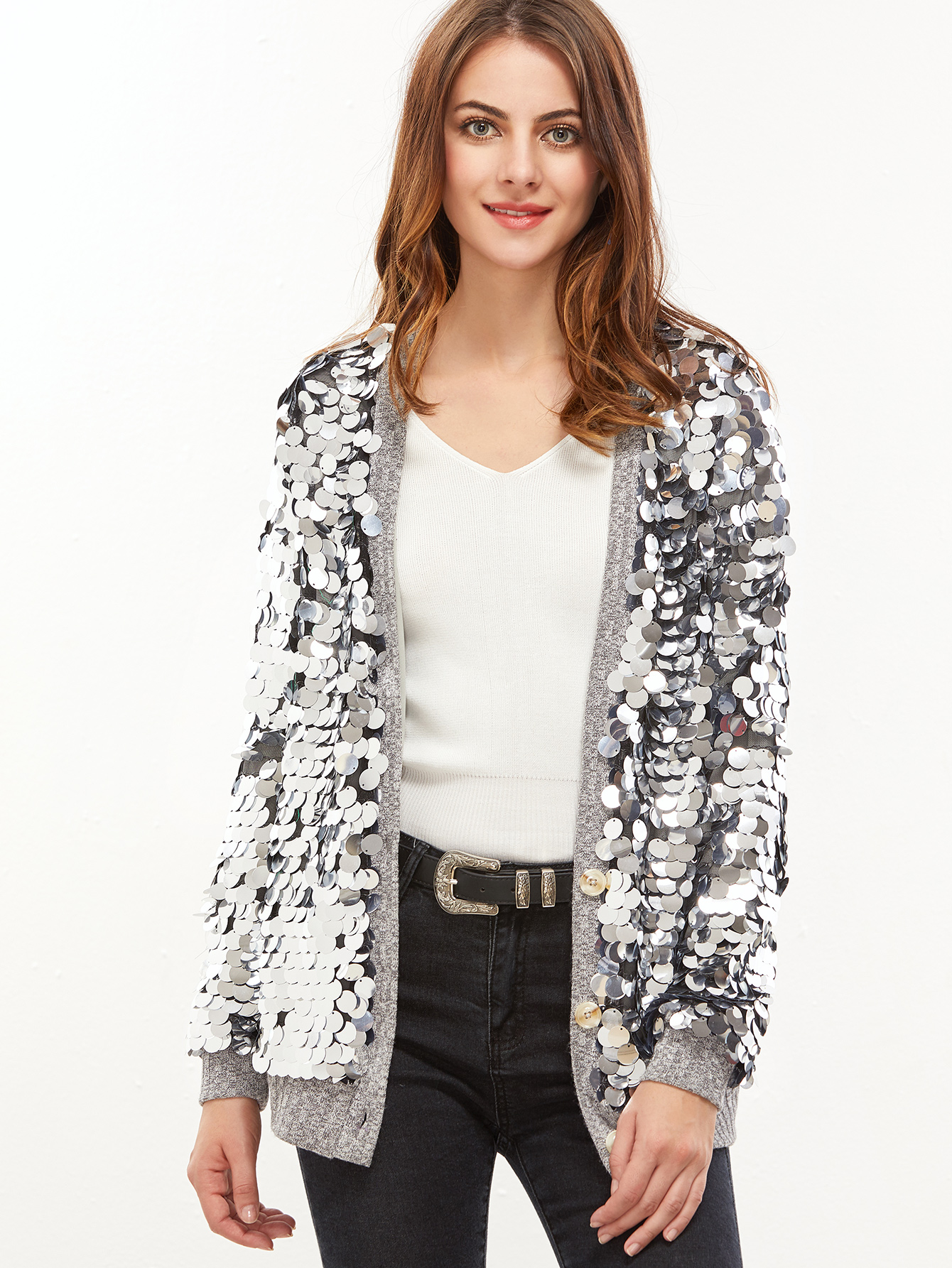 Silver Large Sequin Button Up Jacket SheIn(Sheinside)