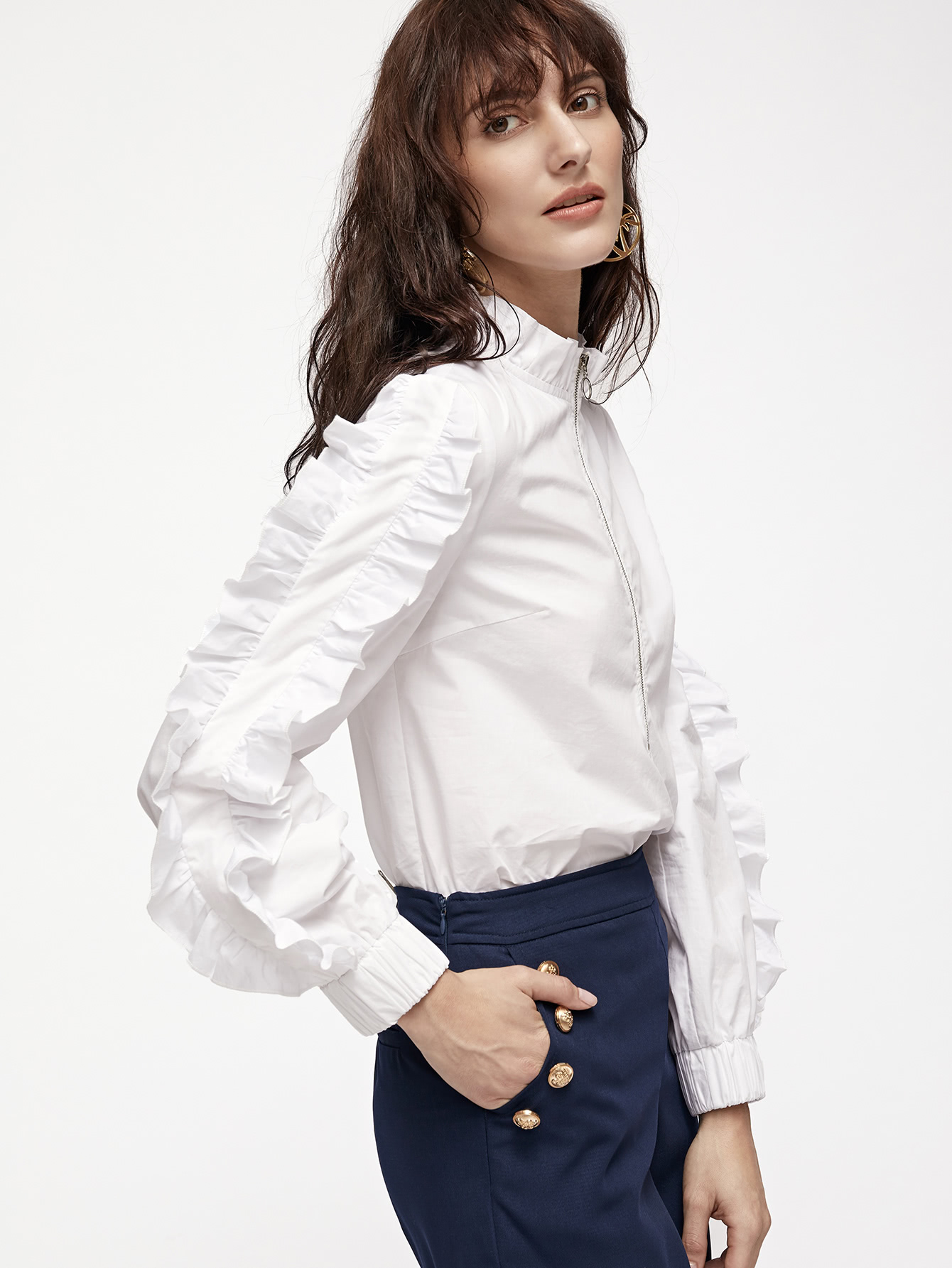 Ruffle Collar And Sleeve Half Zip Blouse SheIn(Sheinside)