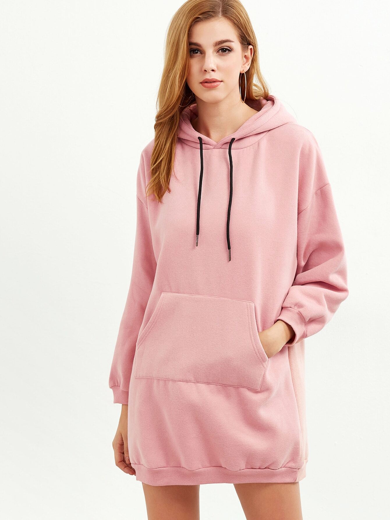 Pink Hooded Drop Shoulder Pocket Sweatshirt Dress SheIn(Sheinside)