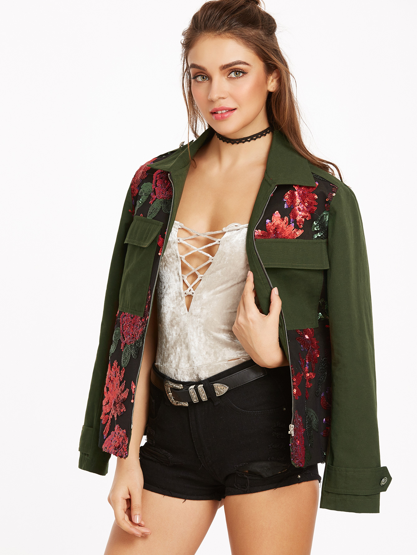Olive Green Flower Sequined Flap Pocket Front Utility Jacket SheIn