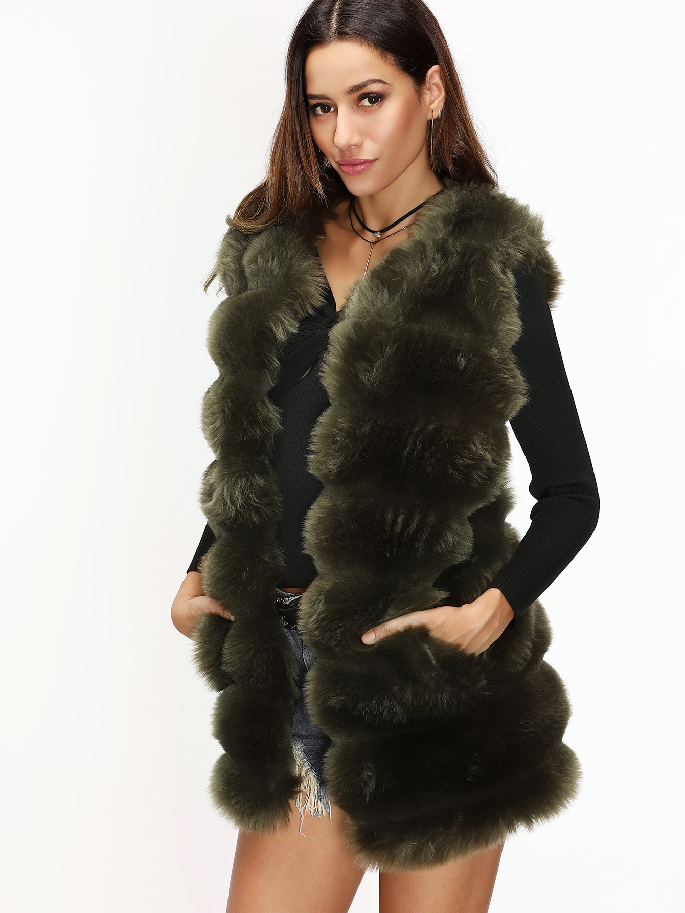 Army Green Faux Fur Vest With Pockets SheIn(Sheinside)