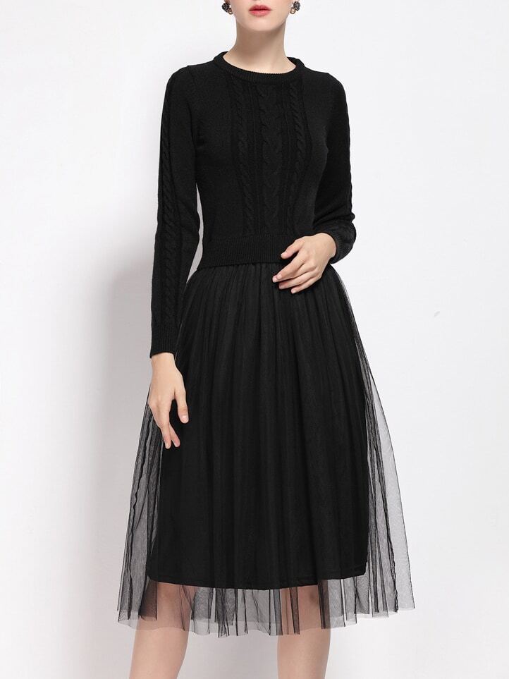 Black Knit Gauze Combo Dress SheIn(Sheinside)