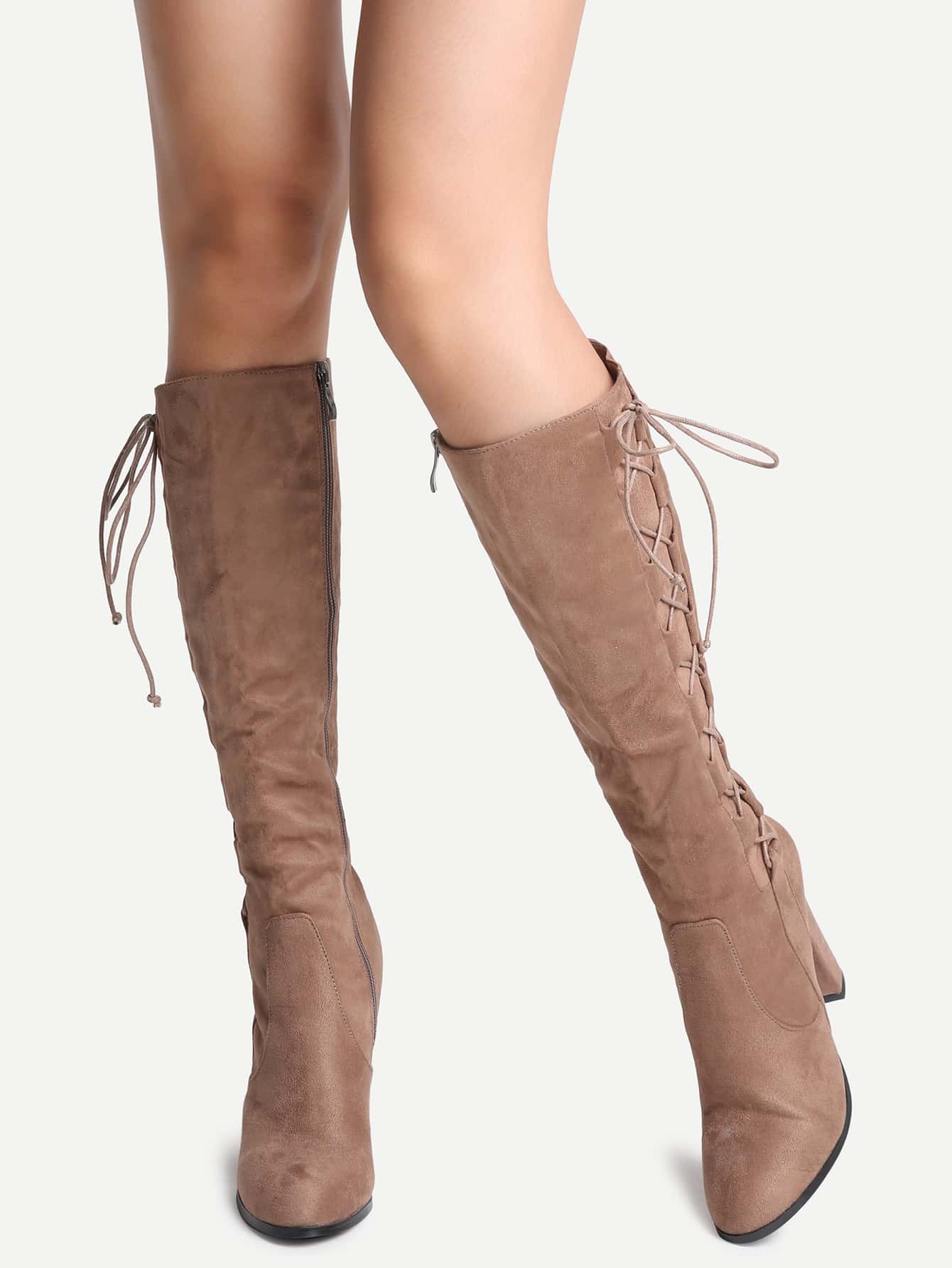 Khaki Faux Suede Lace Up Side High Heel Boots SheIn(Sheinside)