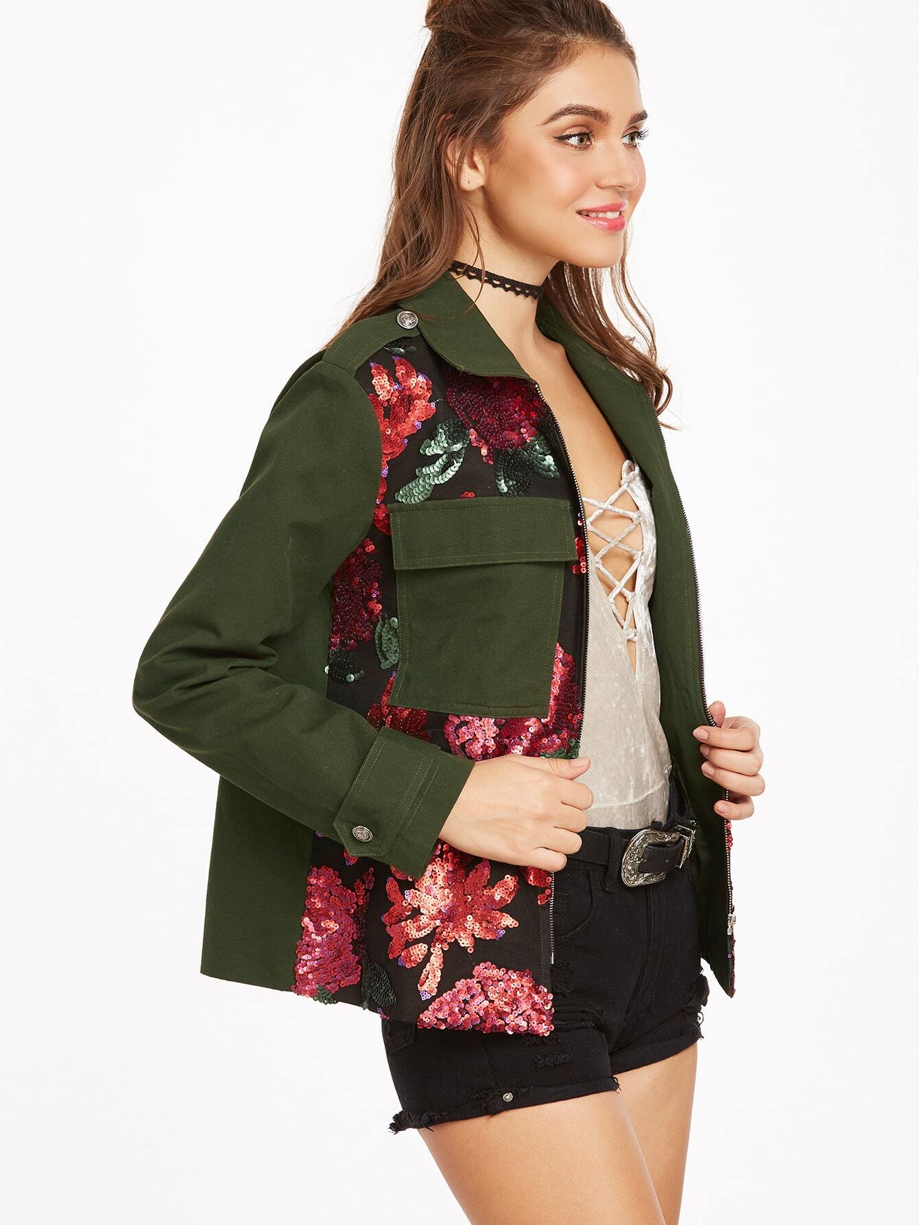 Olive Green Flower Sequined Flap Pocket Front Utility Jacket SheIn