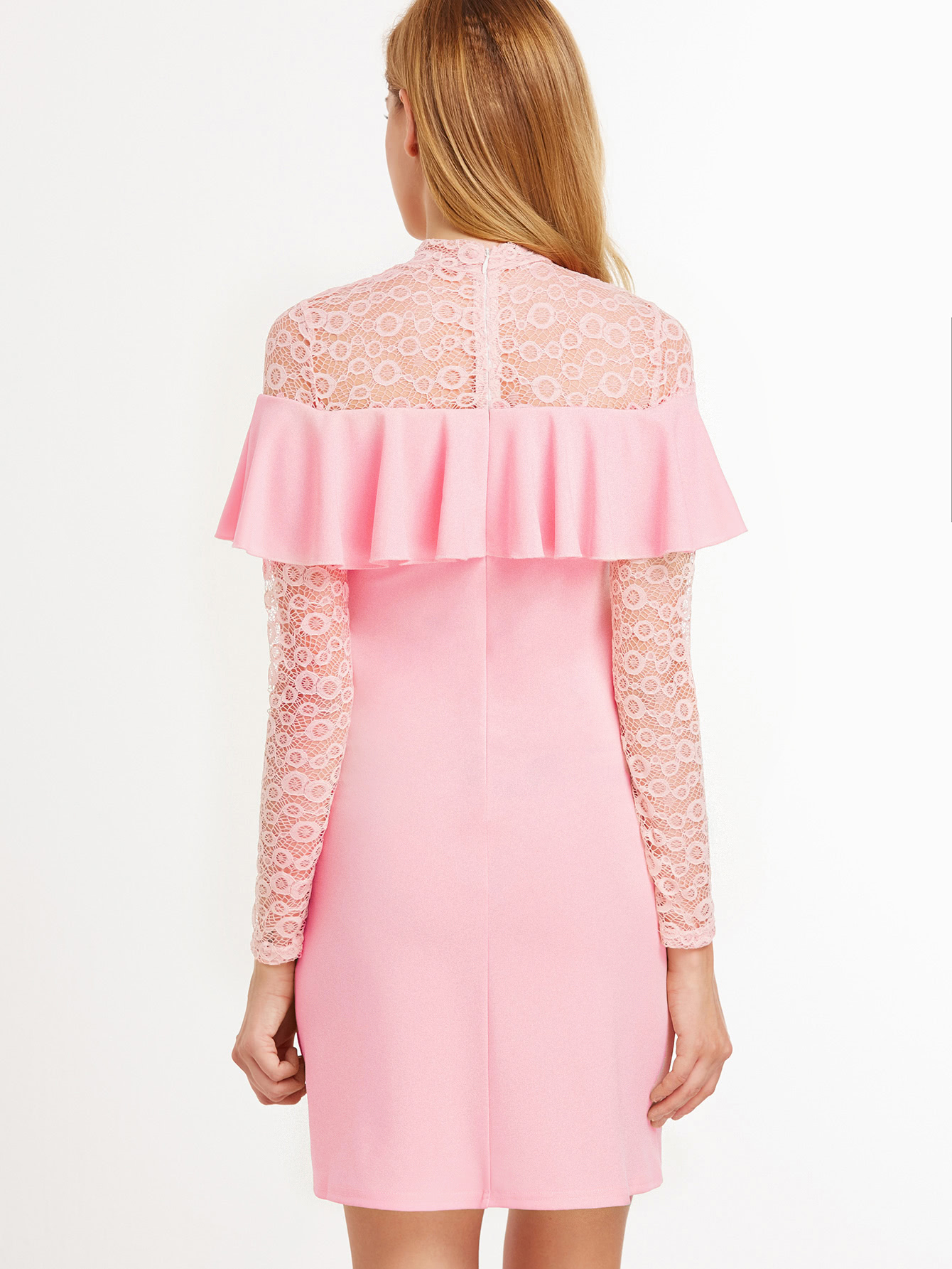 Lace Insert Yoke And Sleeve Flounce Dress SheIn(Sheinside)