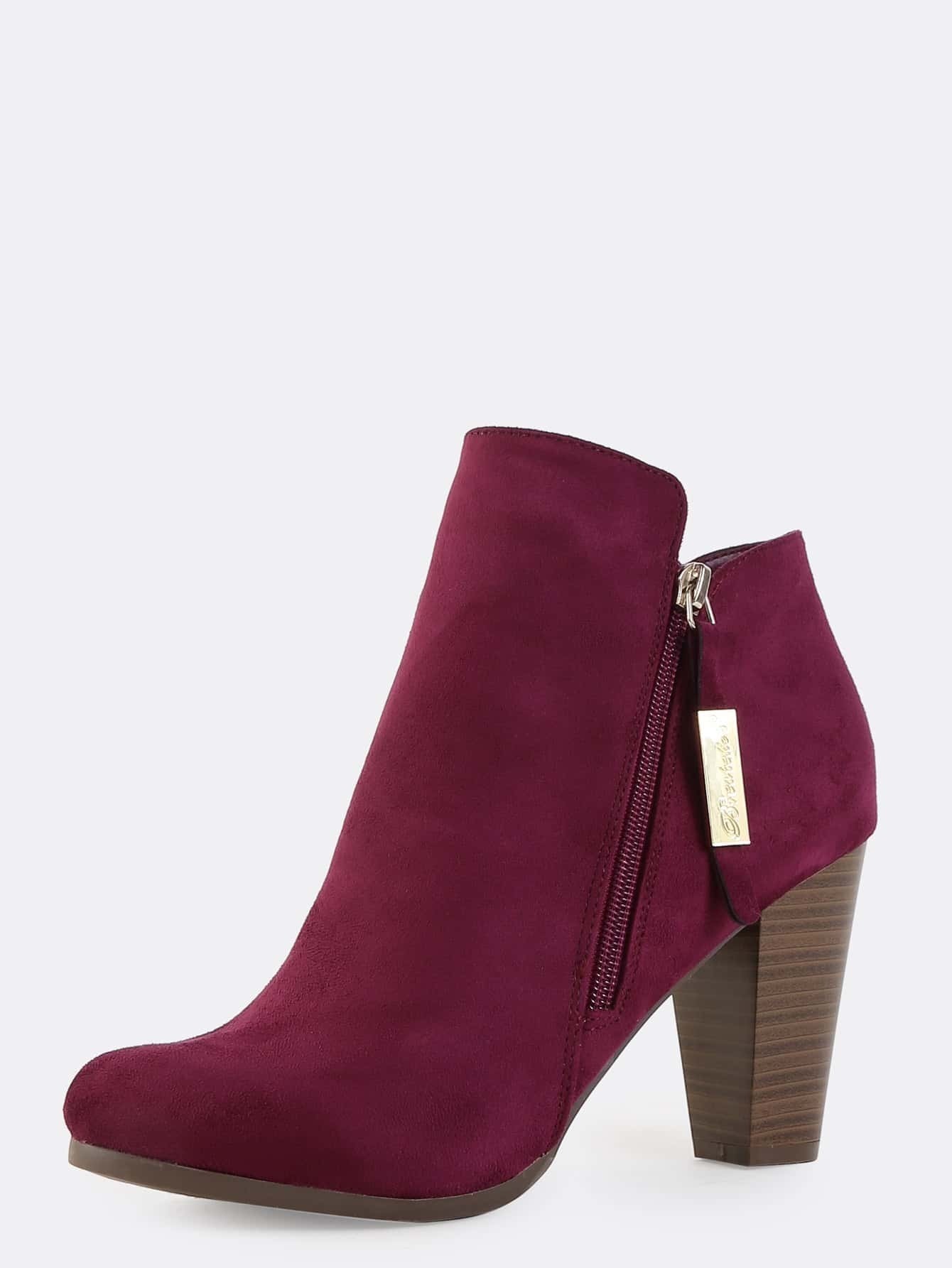 Stacked Chunky Heel Suede Boots WINE SheIn(Sheinside)