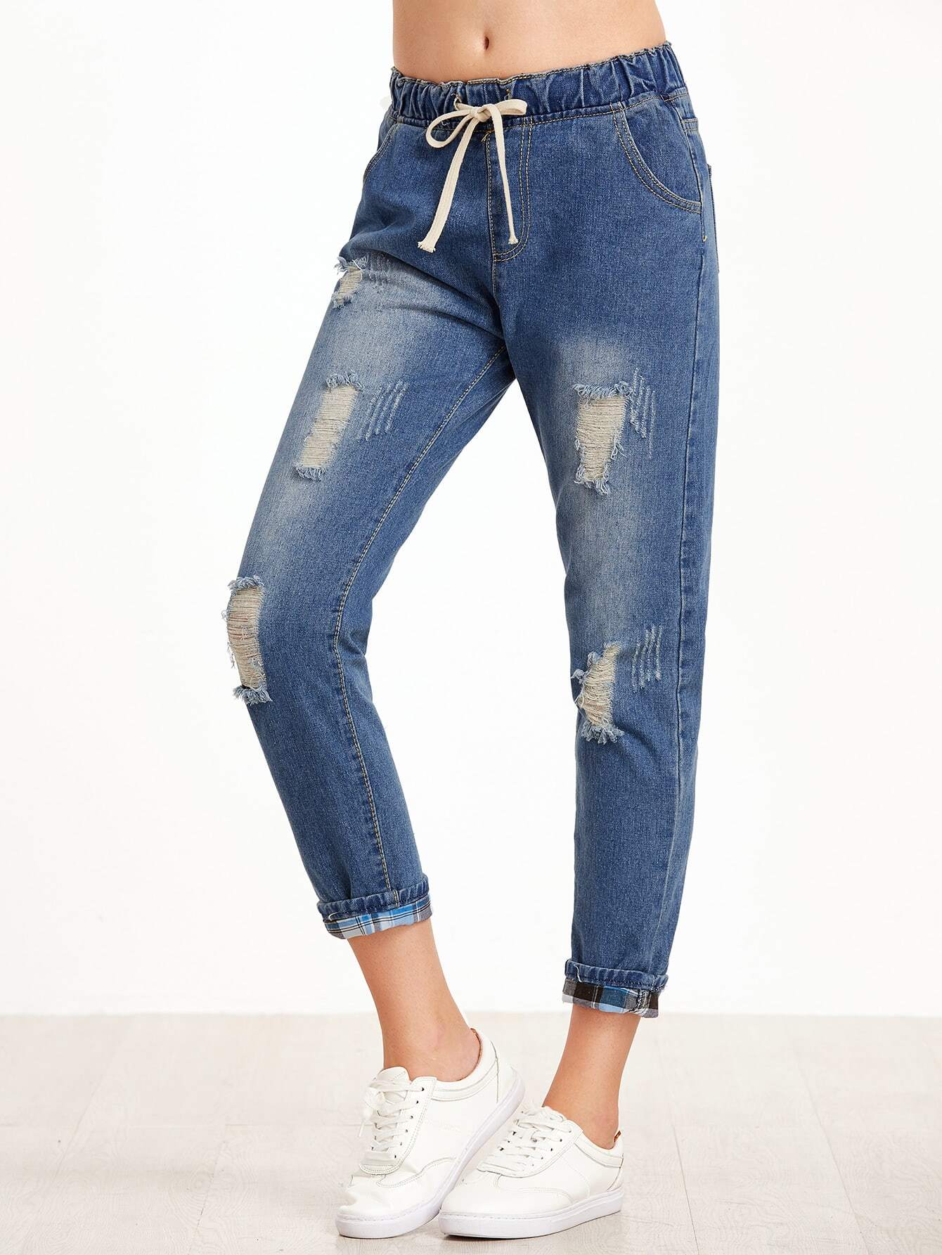 Ripped Rolled Hem Drawstring Jeans SheIn(Sheinside)