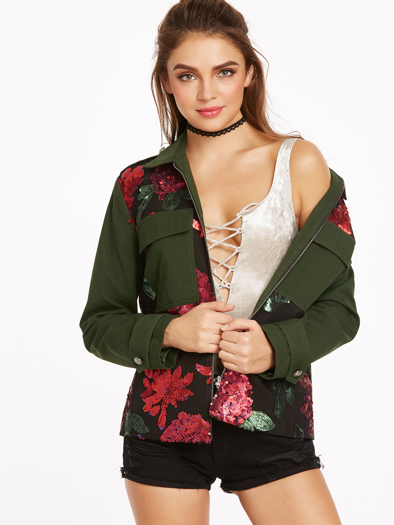 Olive Green Flower Sequined Flap Pocket Front Utility Jacket SheIn