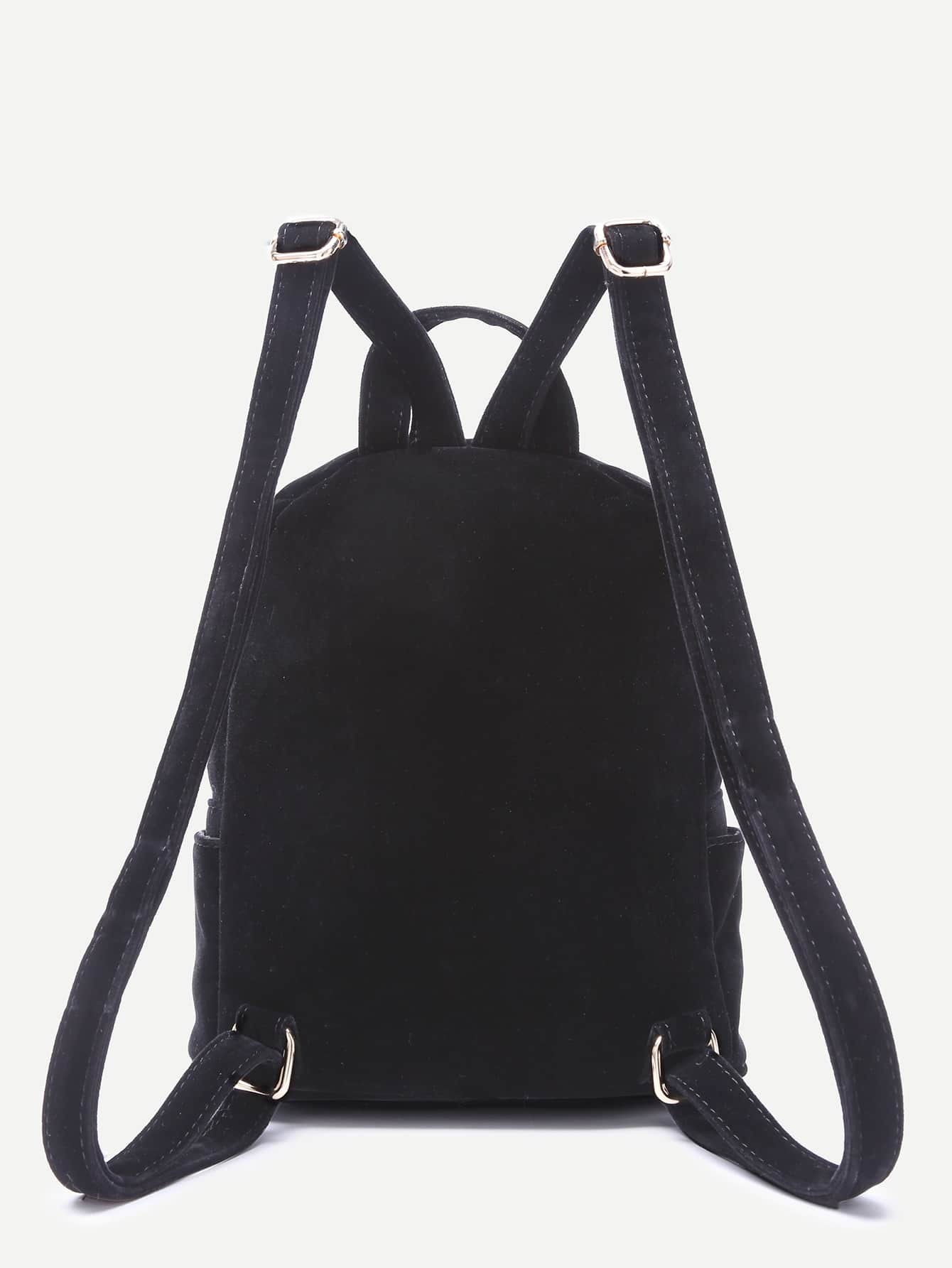 Black Pocket Front Double Handle Velvet Backpack SheIn(Sheinside)