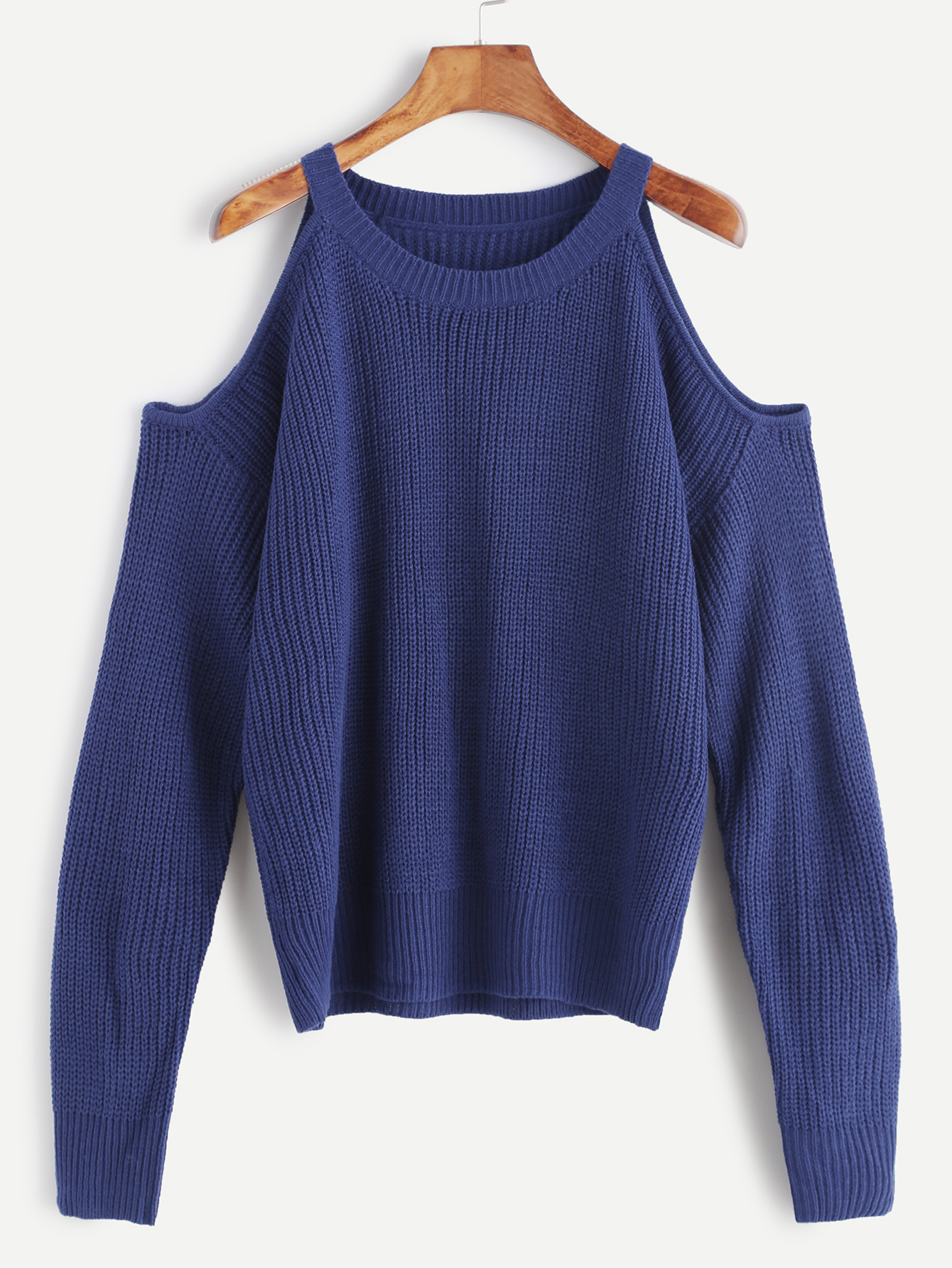 Dark Blue Open Shoulder Knit Sweater SheIn(Sheinside)