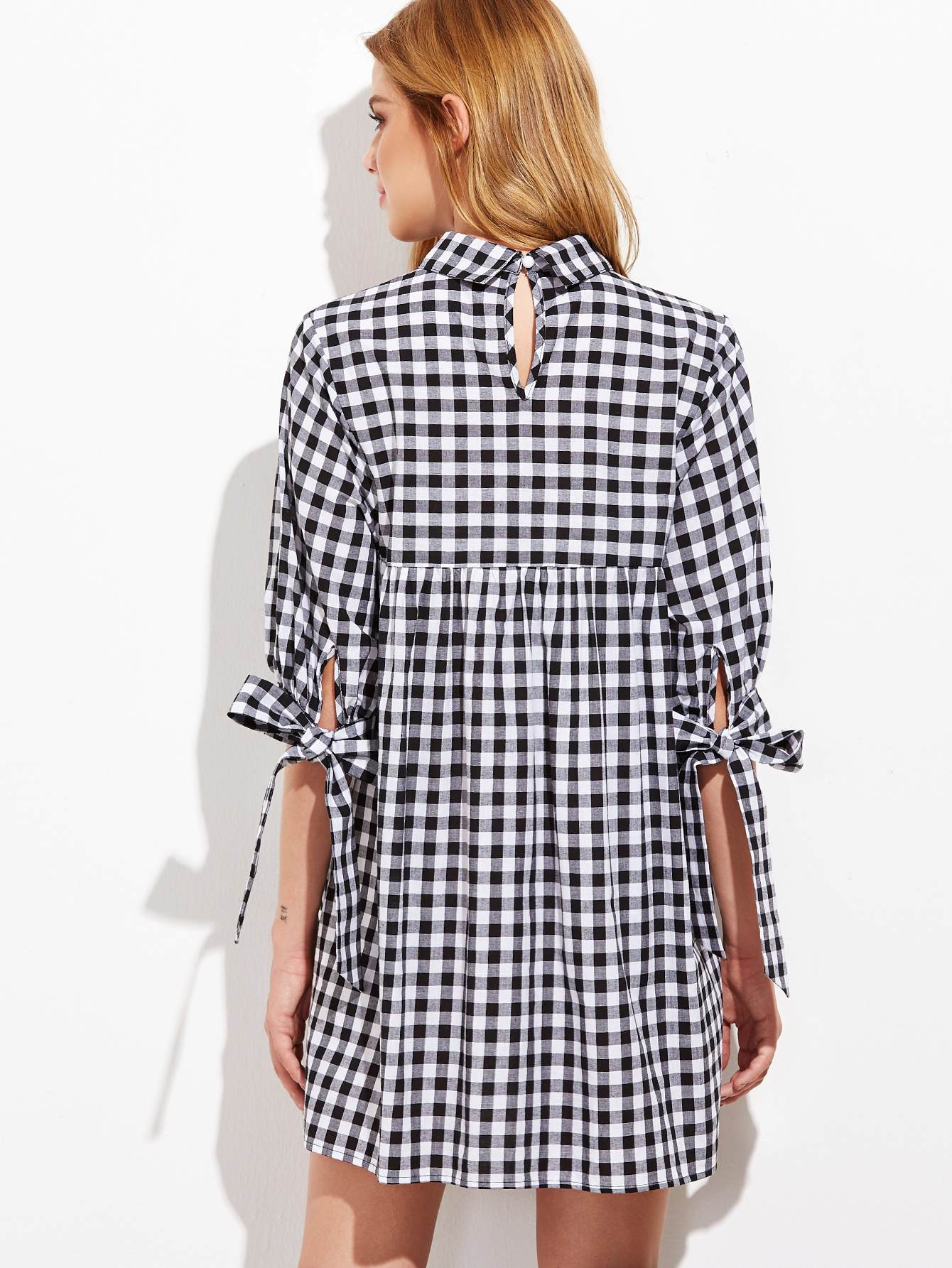 Black And White Gingham Tie Sleeve Babydoll Dress SheIn(Sheinside)