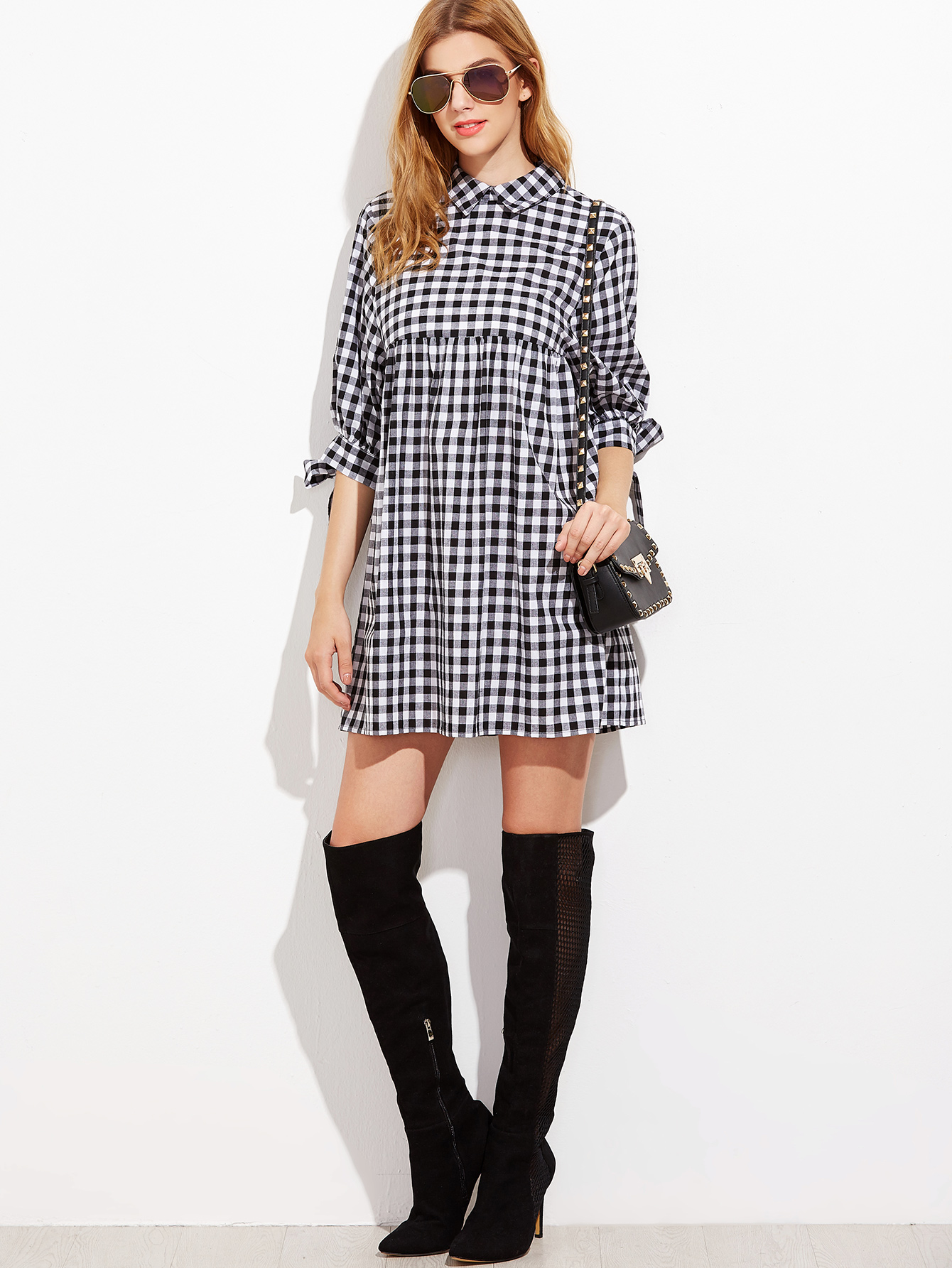 Black And White Gingham Tie Sleeve Babydoll Dress SheIn(Sheinside)