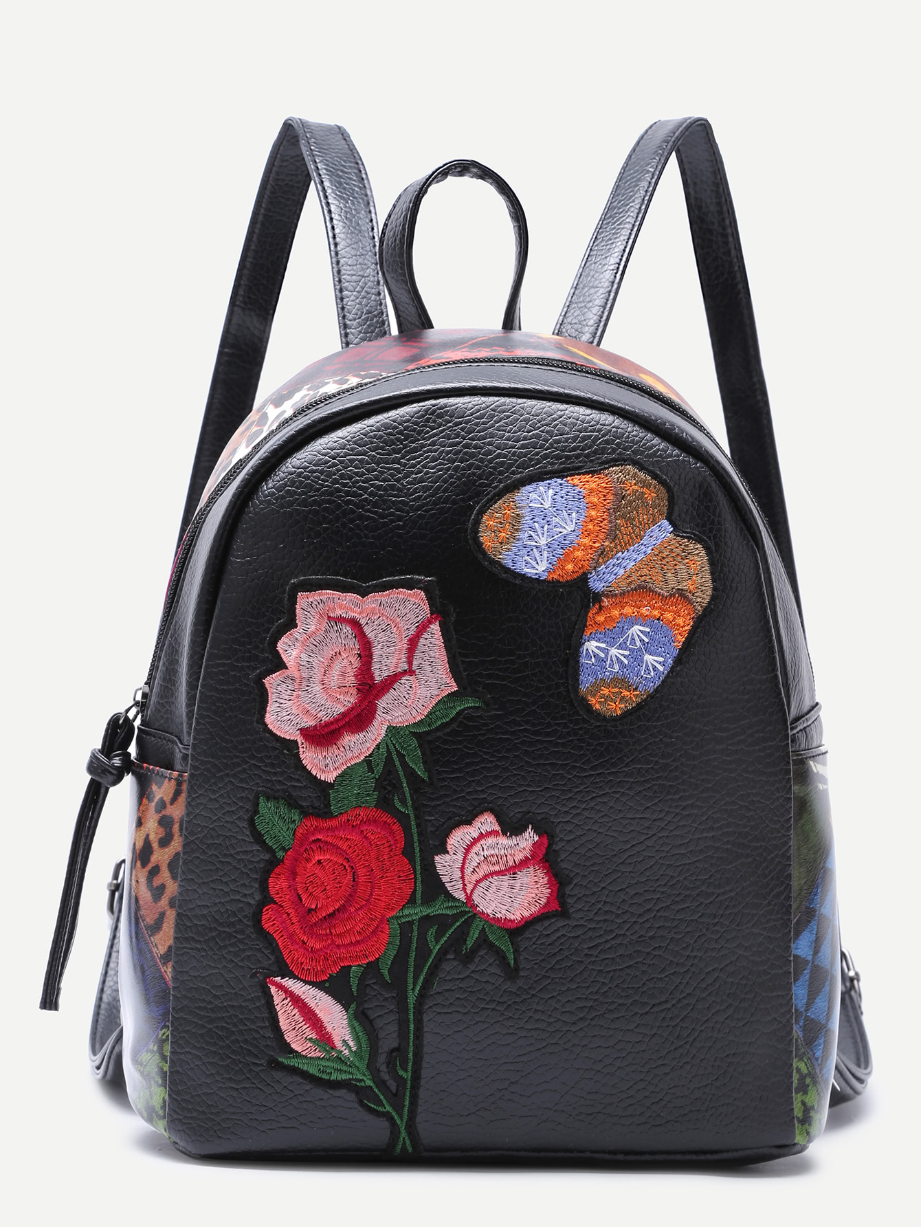 Butterfly and Rose Embroidered PU Backpack SheIn(Sheinside)