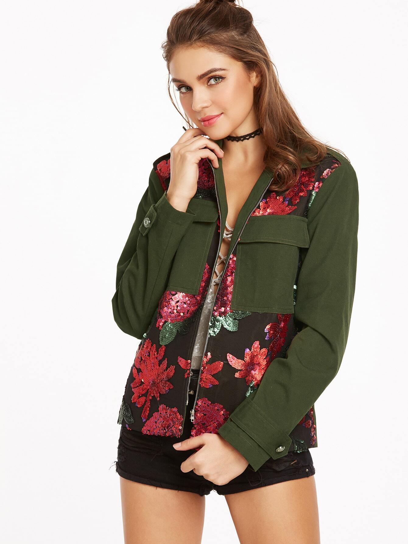 Olive Green Flower Sequined Flap Pocket Front Utility Jacket SheIn