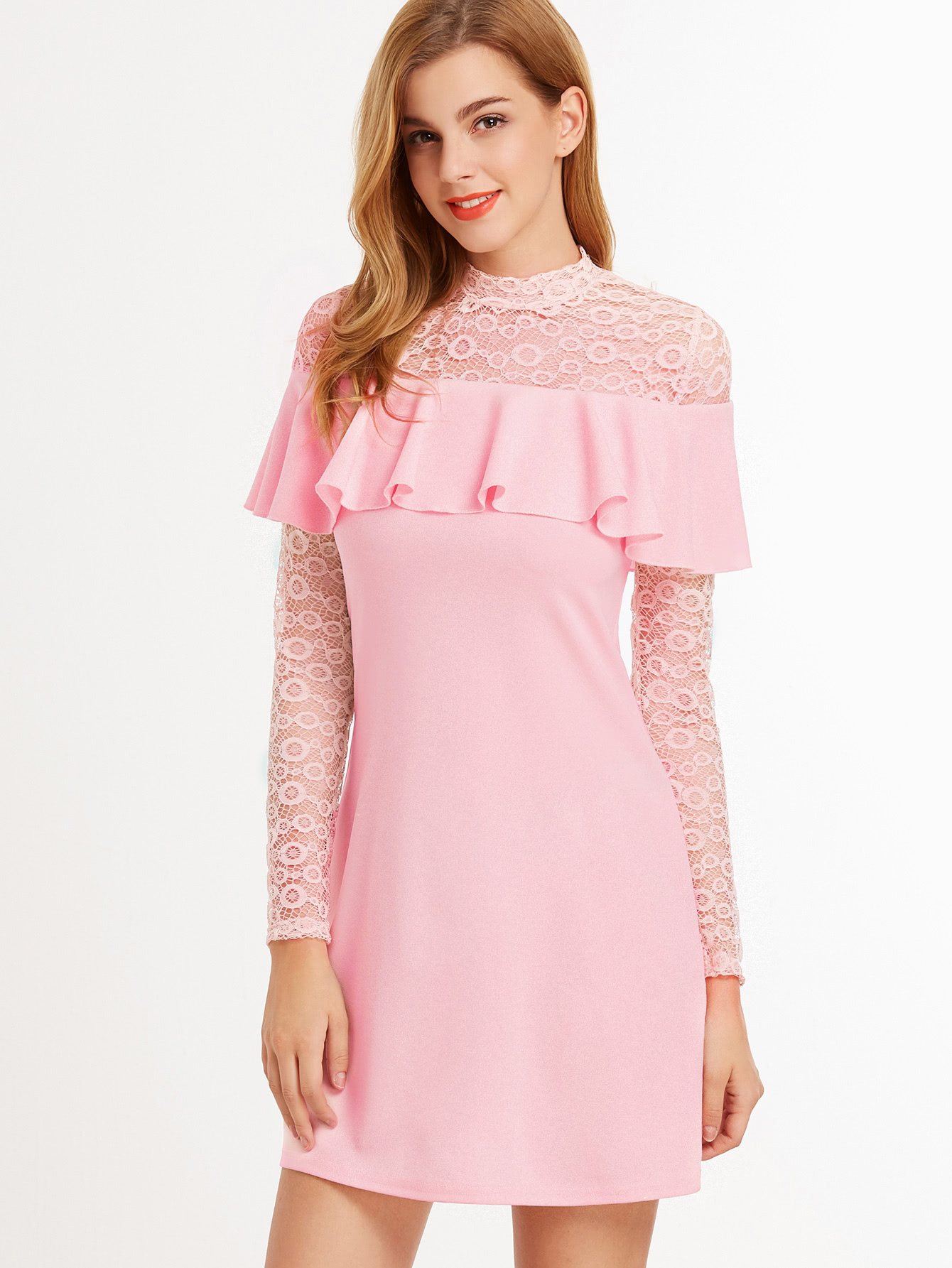 Lace Insert Yoke And Sleeve Flounce Dress SheIn(Sheinside)
