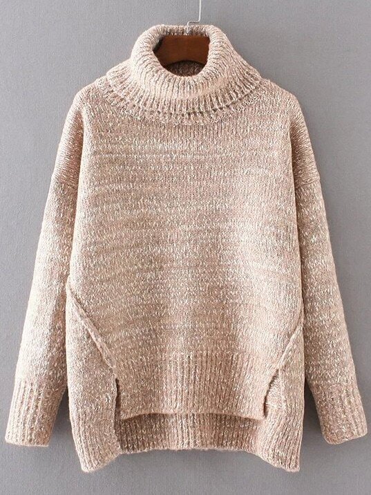 Khaki Turtleneck Dip Hem Sweater SheIn(Sheinside)