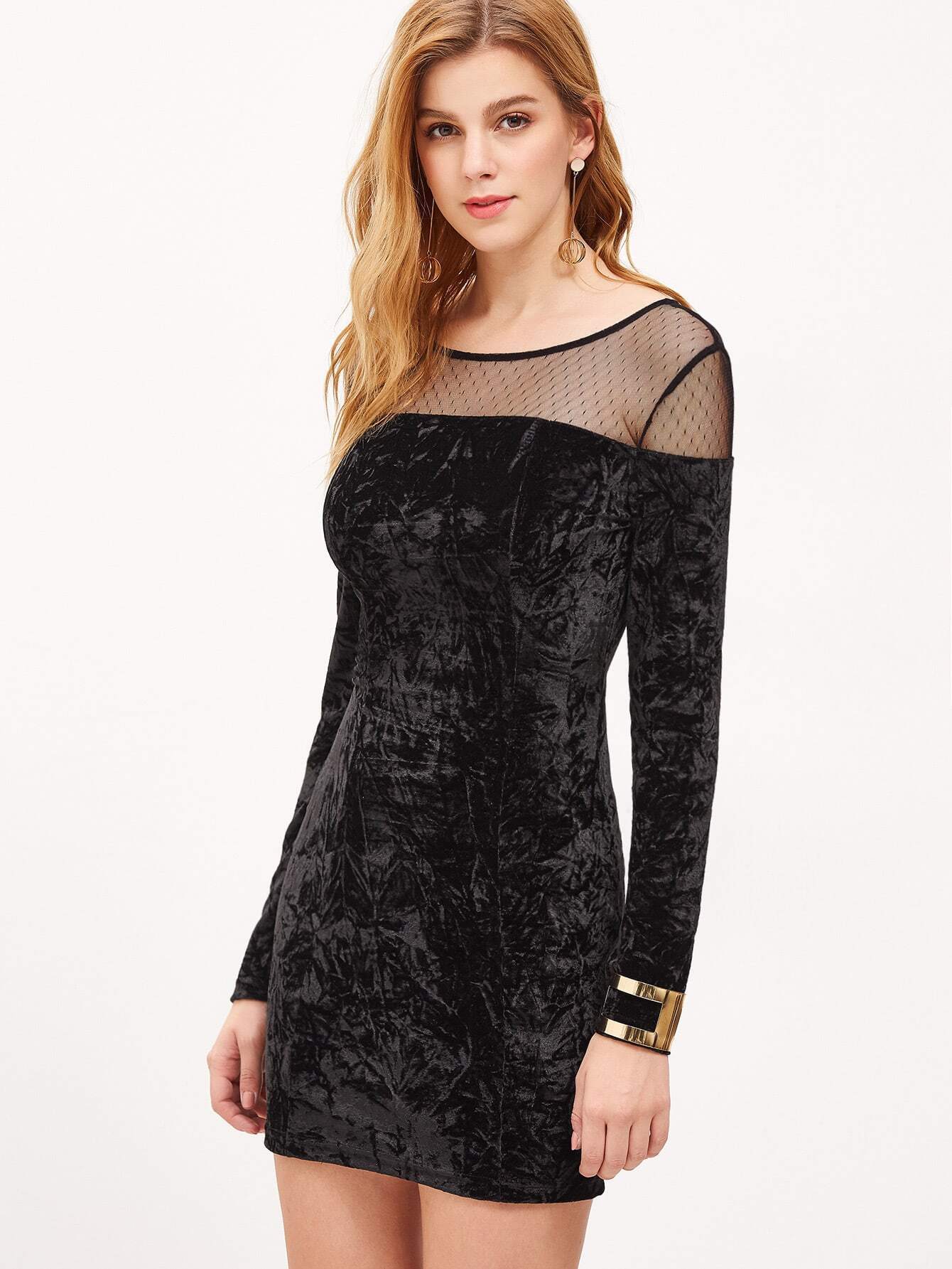 Robe moulant velours maillage pointillé sur l'épaule noir French