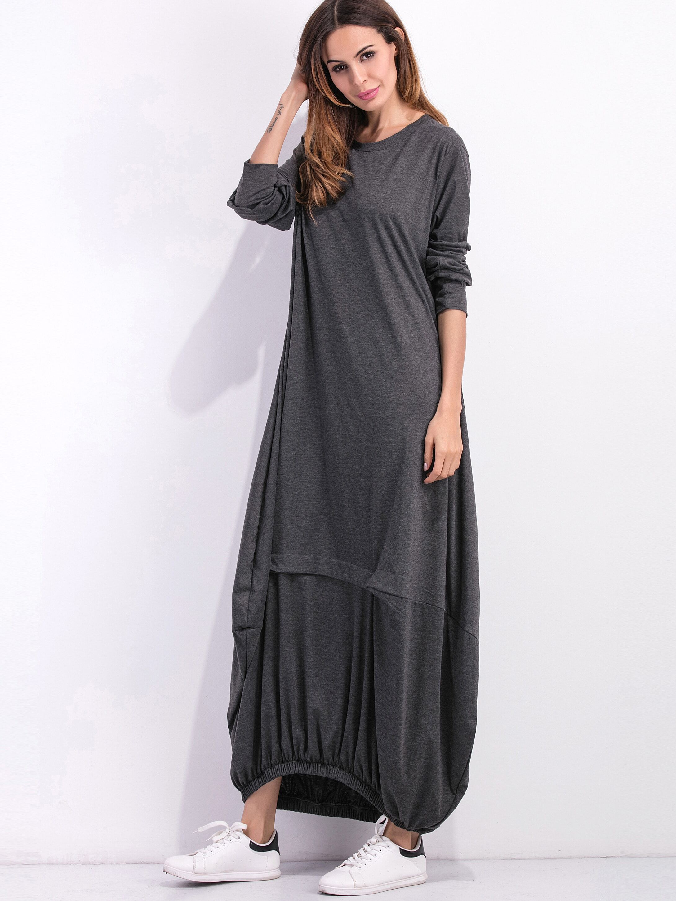 Dark Grey Elastic Hem Shift Dress SheIn(Sheinside)