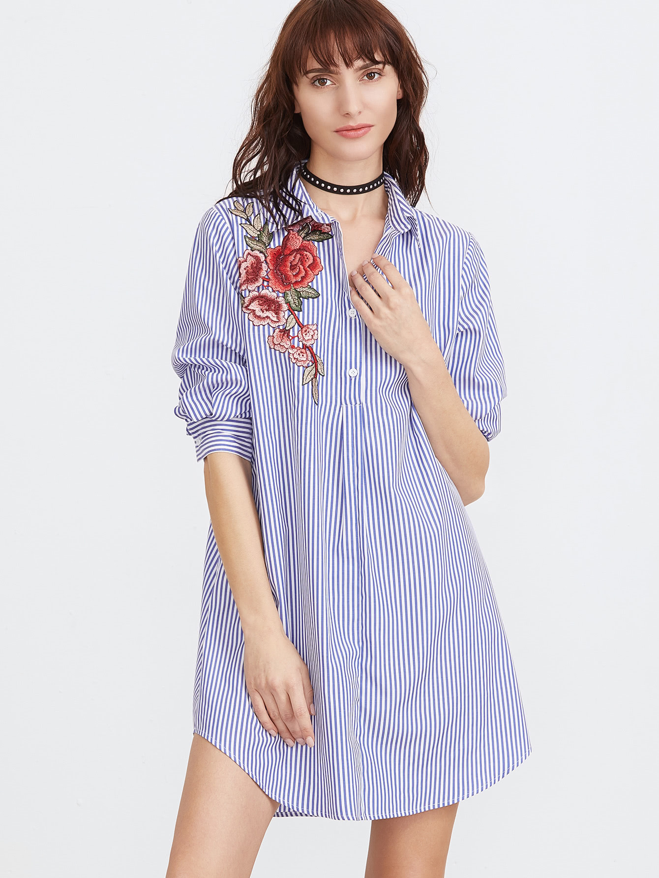 Striped Embroidered Applique Shirt Dress -SheIn(Sheinside)