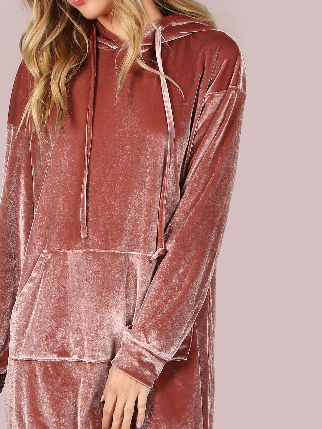 Pink Drop Shoulder Pocket Front Hoodie Dress SheIn(Sheinside)