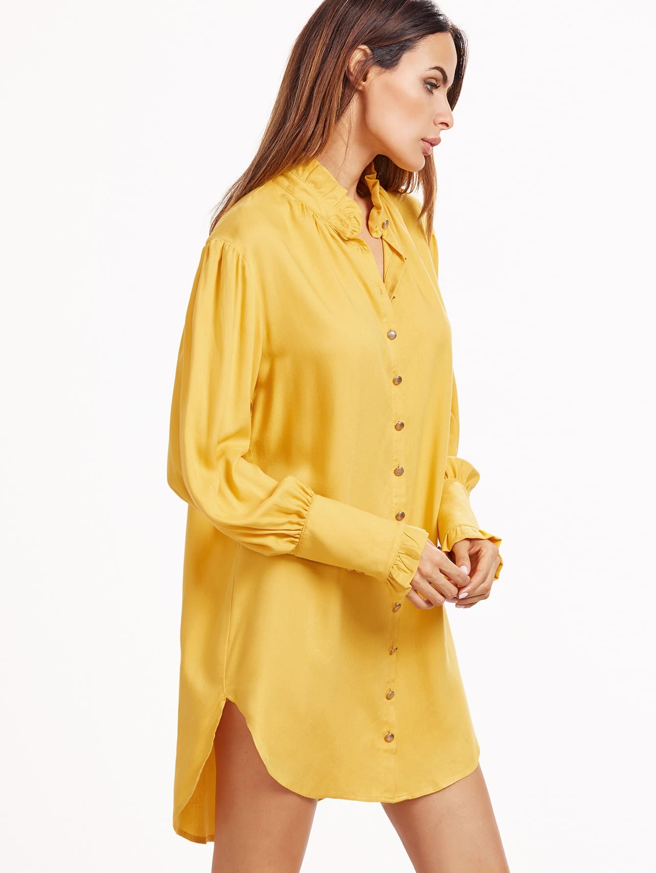 Yellow Ruffle Collar And Sleeve Shirt Dress SheIn(Sheinside)