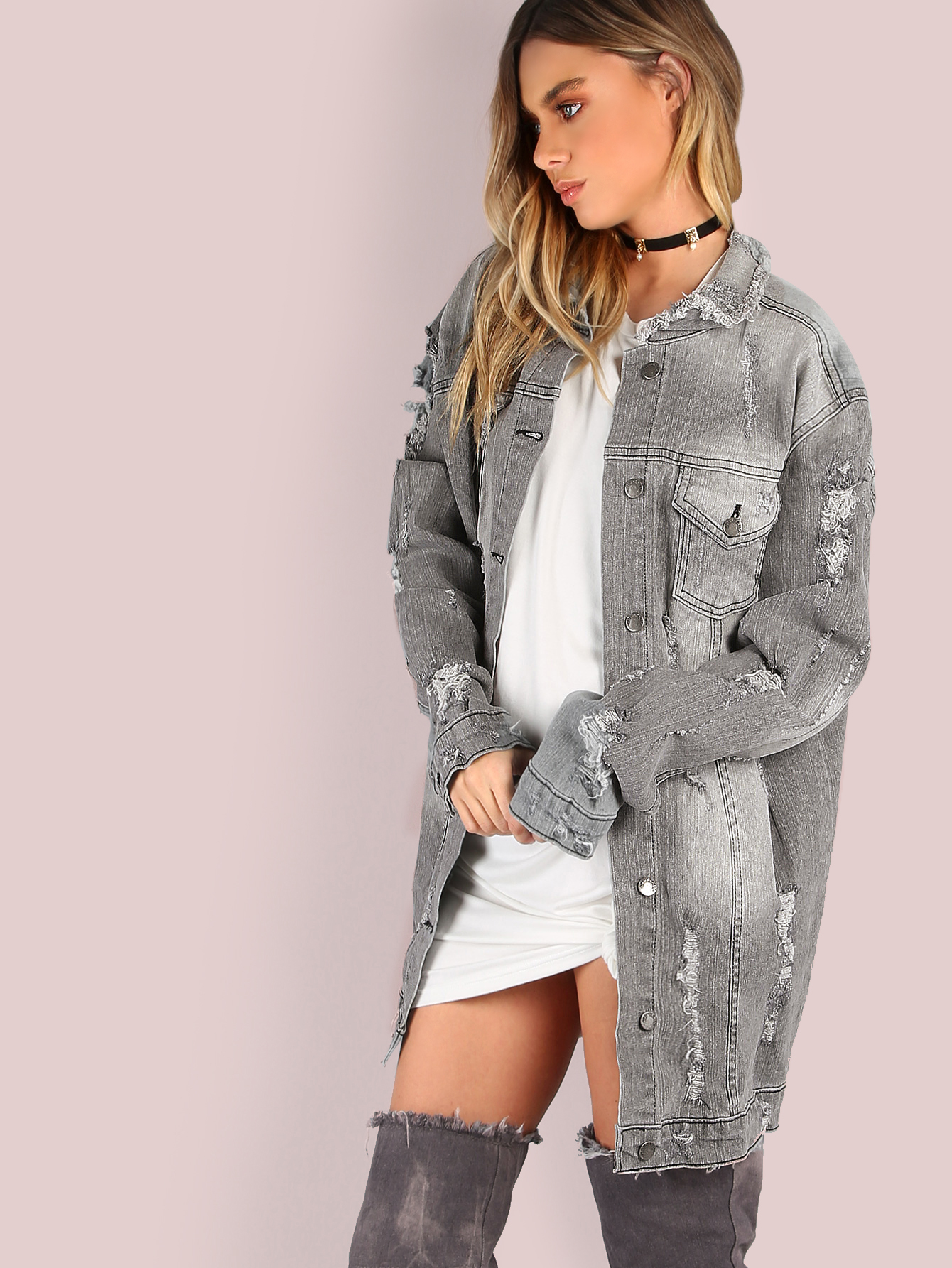 Oversized Distressed Wake Pray Slay Graphic Denim Jacket GREY SheIn(Sheinside)