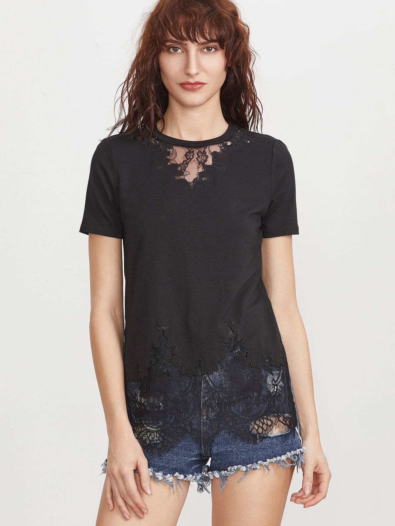 Black Floral Lace Insert Embroidered Edge Sid Slit T-shirt