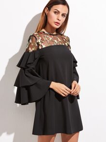 sleeve ruffle layered embroidered mesh shoulder floral dress shein