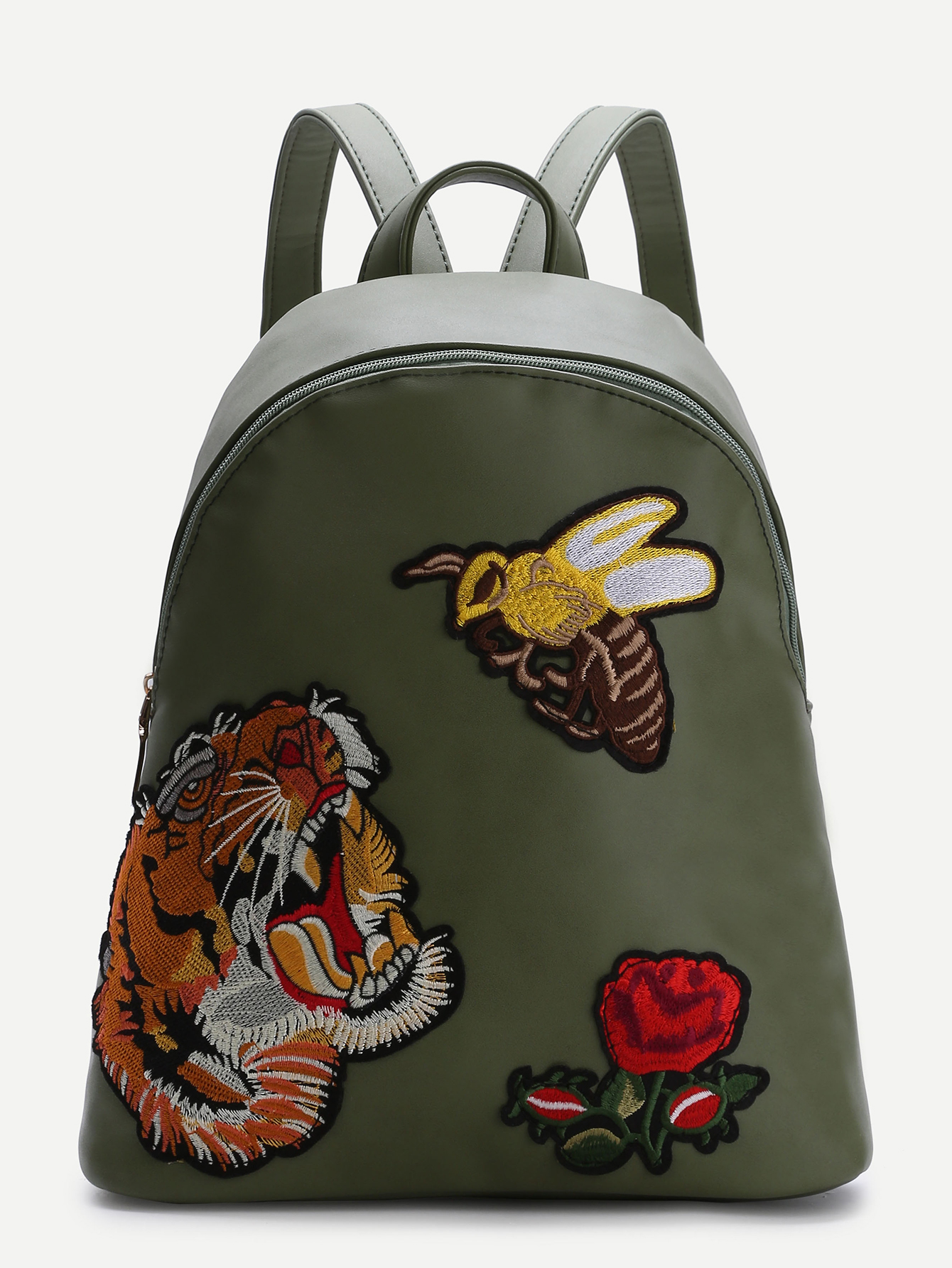 Olive Green Animal Embroidered PU Backpack SheIn(Sheinside)