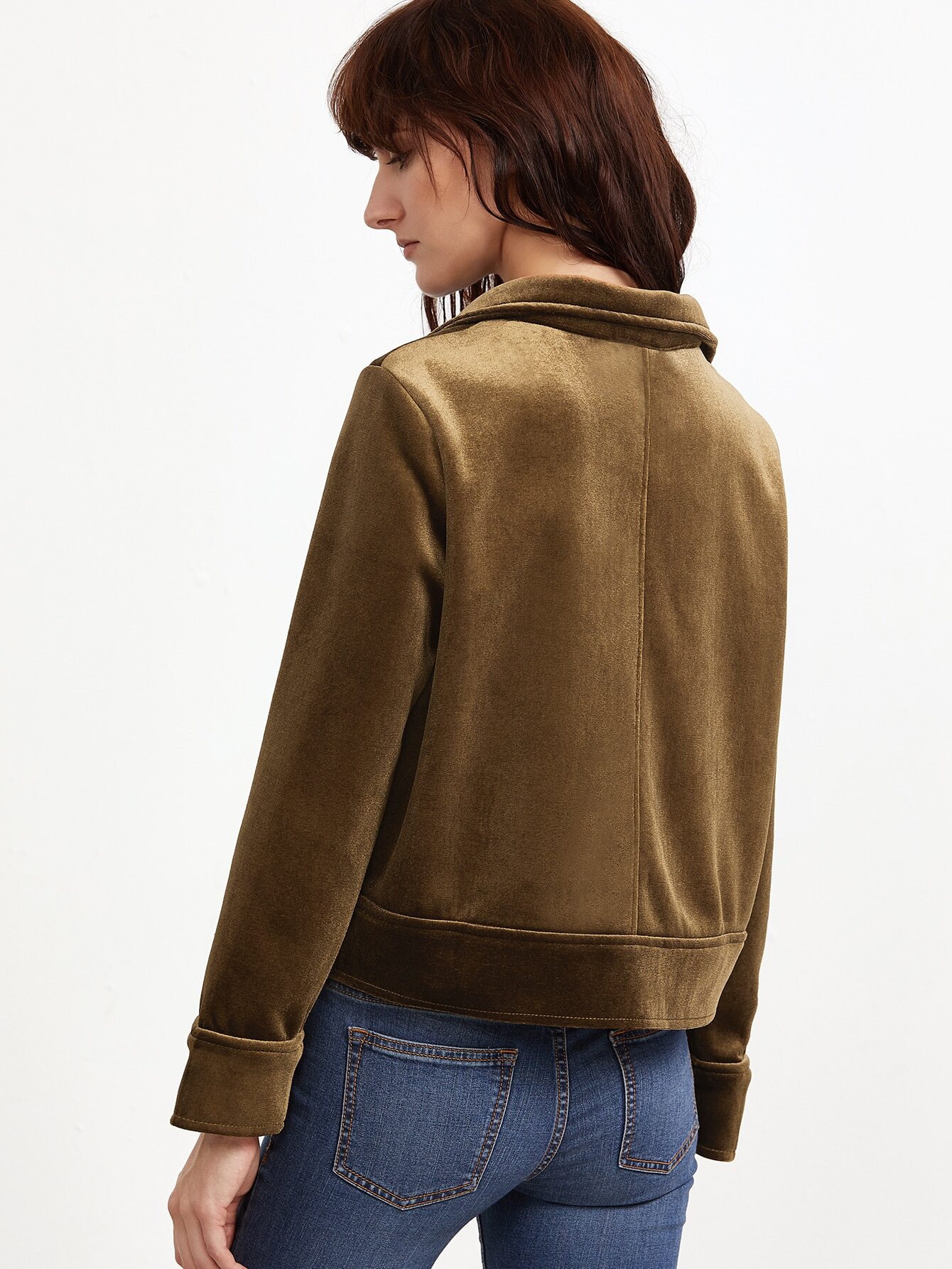 Army Green Zipper Up Velvet Jacket With Pockets SheIn(Sheinside)