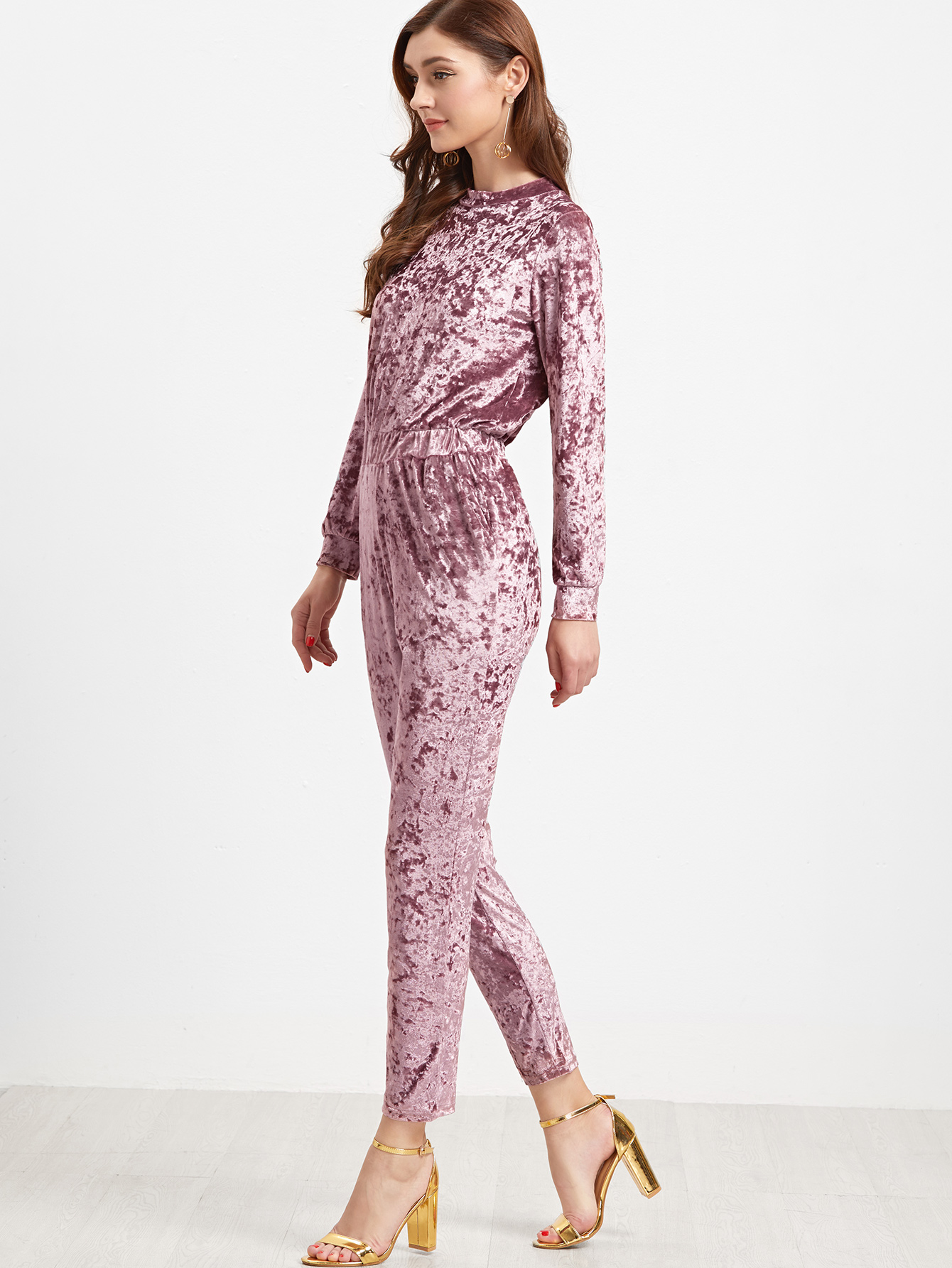 Pink Crew Neck Zipper Back Velvet Jumpsuit SheIn(Sheinside)