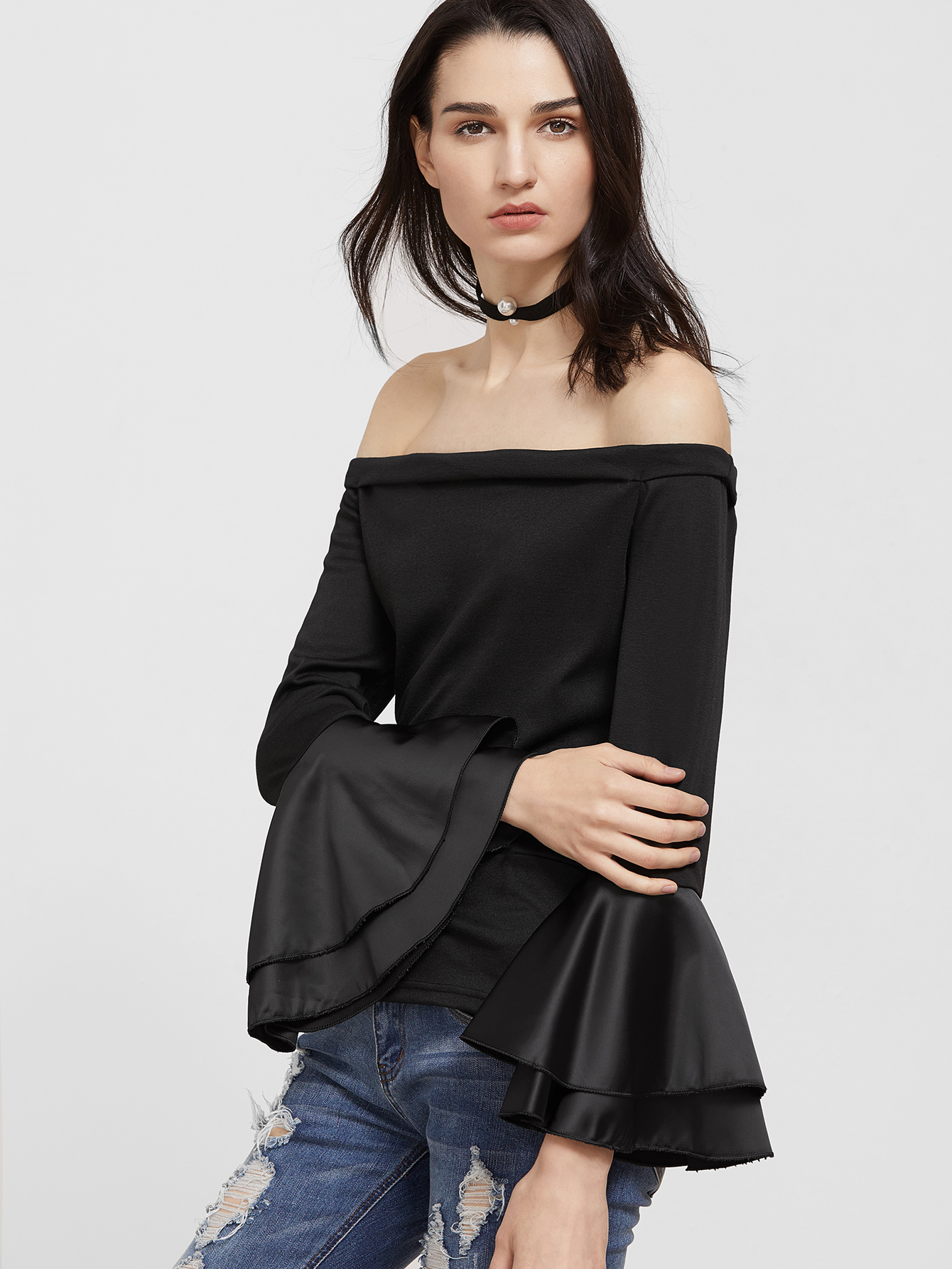 Black Off The Shoulder Contrast Tiered Bell Sleeve Tshirt SheIn