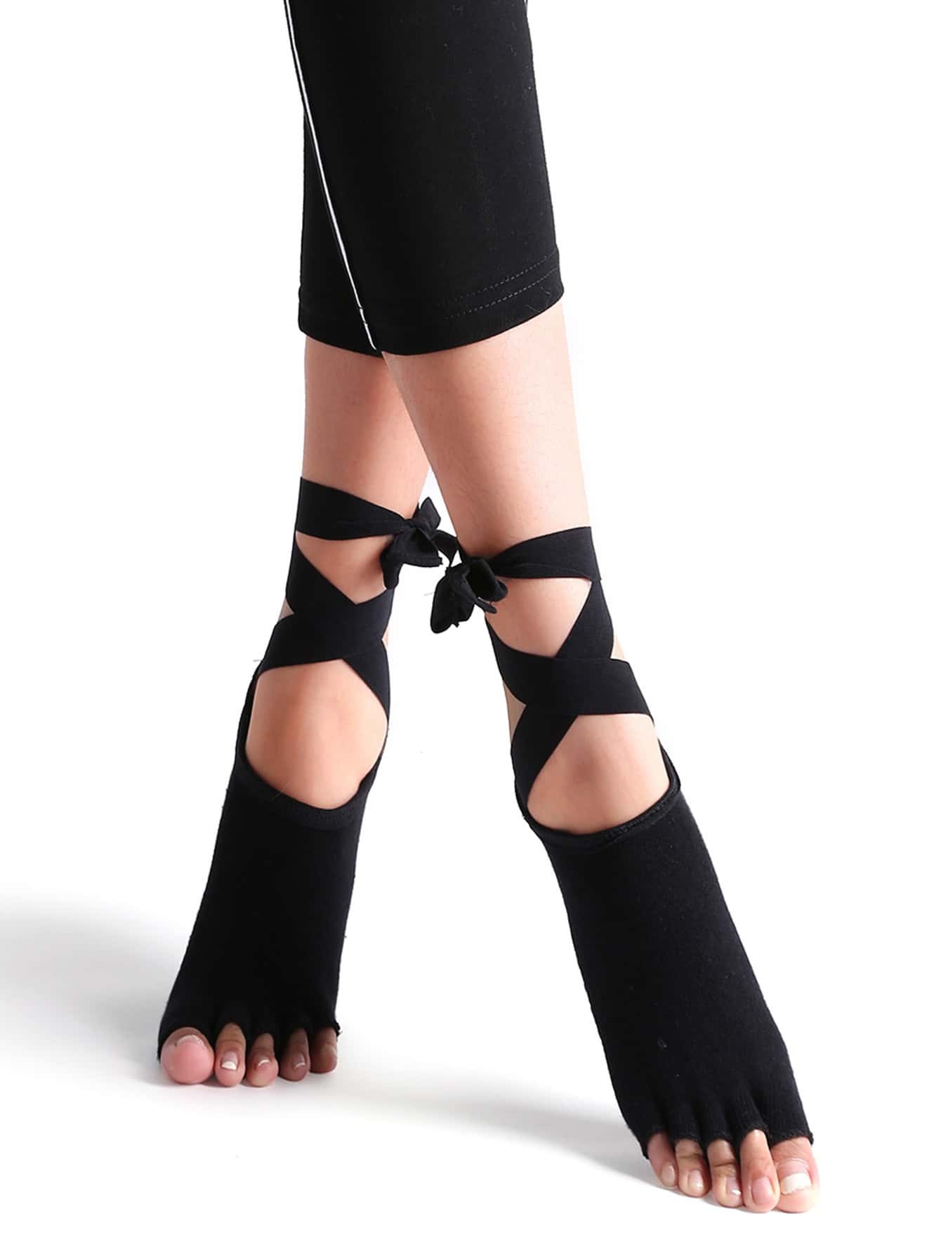 Black Nonslip Open Toe Ankle Strap Yoga Sock SheIn(Sheinside)
