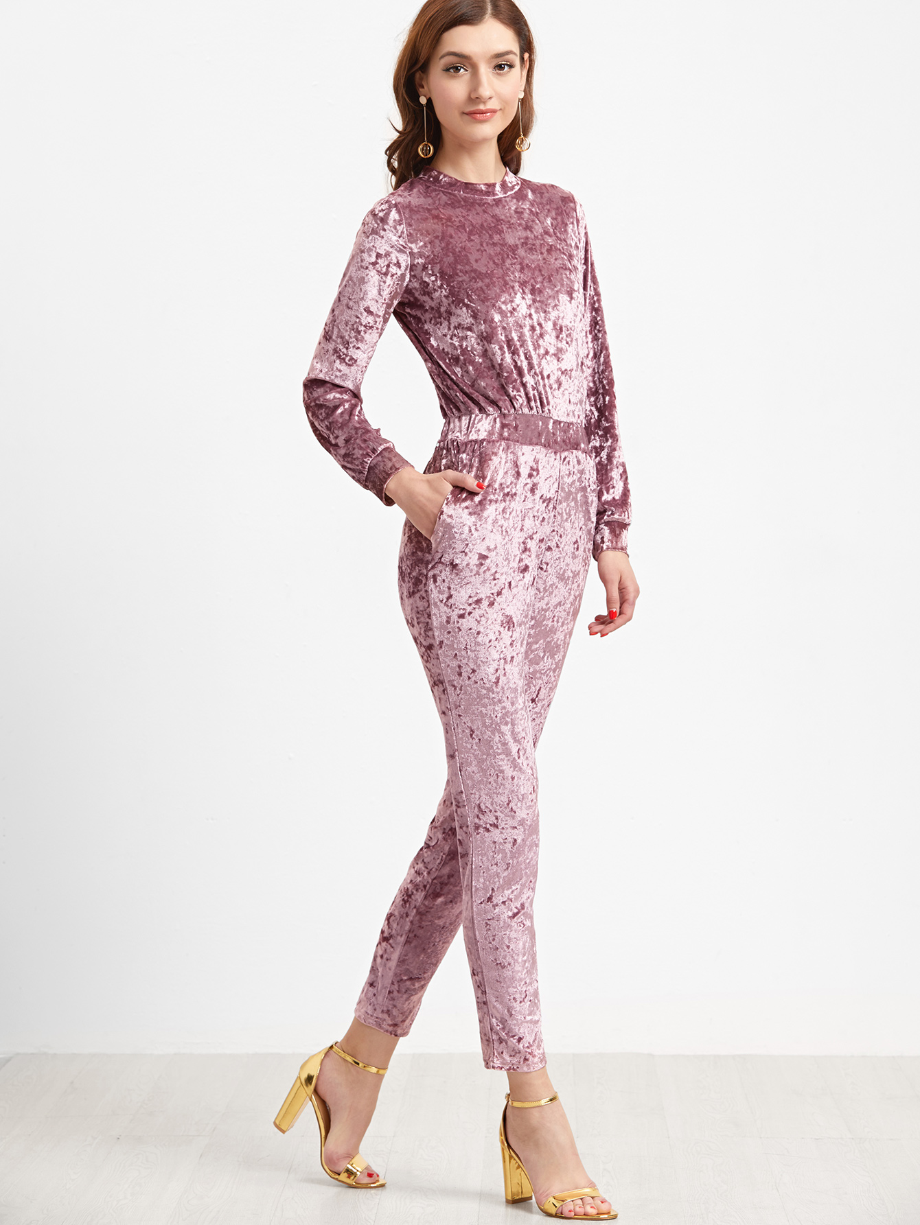 Pink Crew Neck Zipper Back Velvet Jumpsuit SheIn(Sheinside)