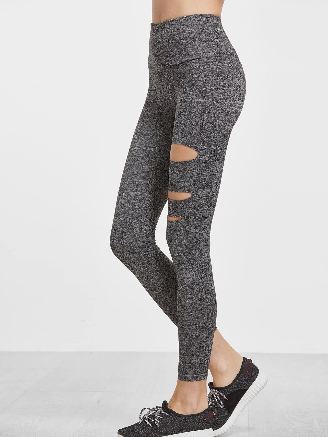 Grey Marled Knit Wide Waistband Ripped Leggings SheIn(Sheinside)
